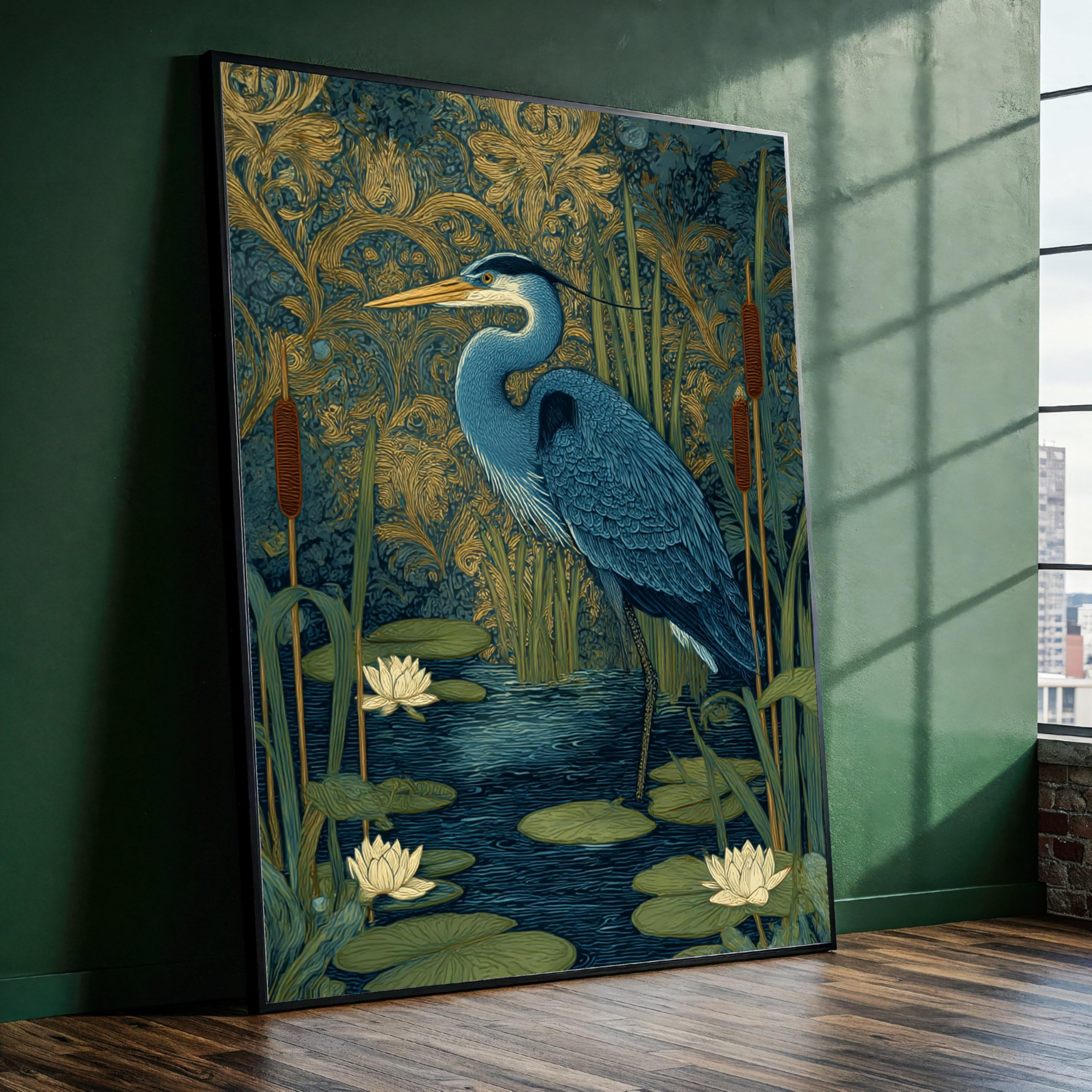 YUSUZHU Heron by the Water, Aesthetic Canvas, Nature Wildlife Wall Art, Blue and Gold Botanical Canvas, Decor Home Art Painting(60x80cm/Frameless)