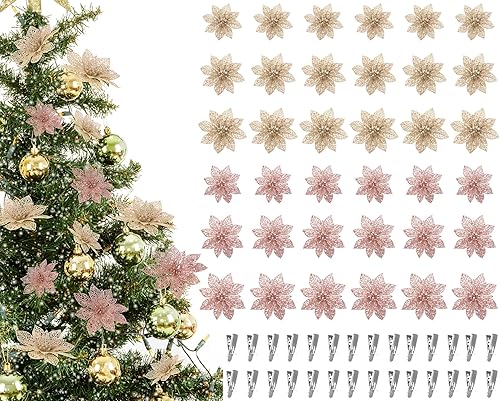 Vista 24 de 24 piezas de adorno de árbol de Navidad de Nochebuena con brillantina. Adorno de decoración de flores de Navidad. 3, 4 y 6 pulgadas / 7.62, 10.16