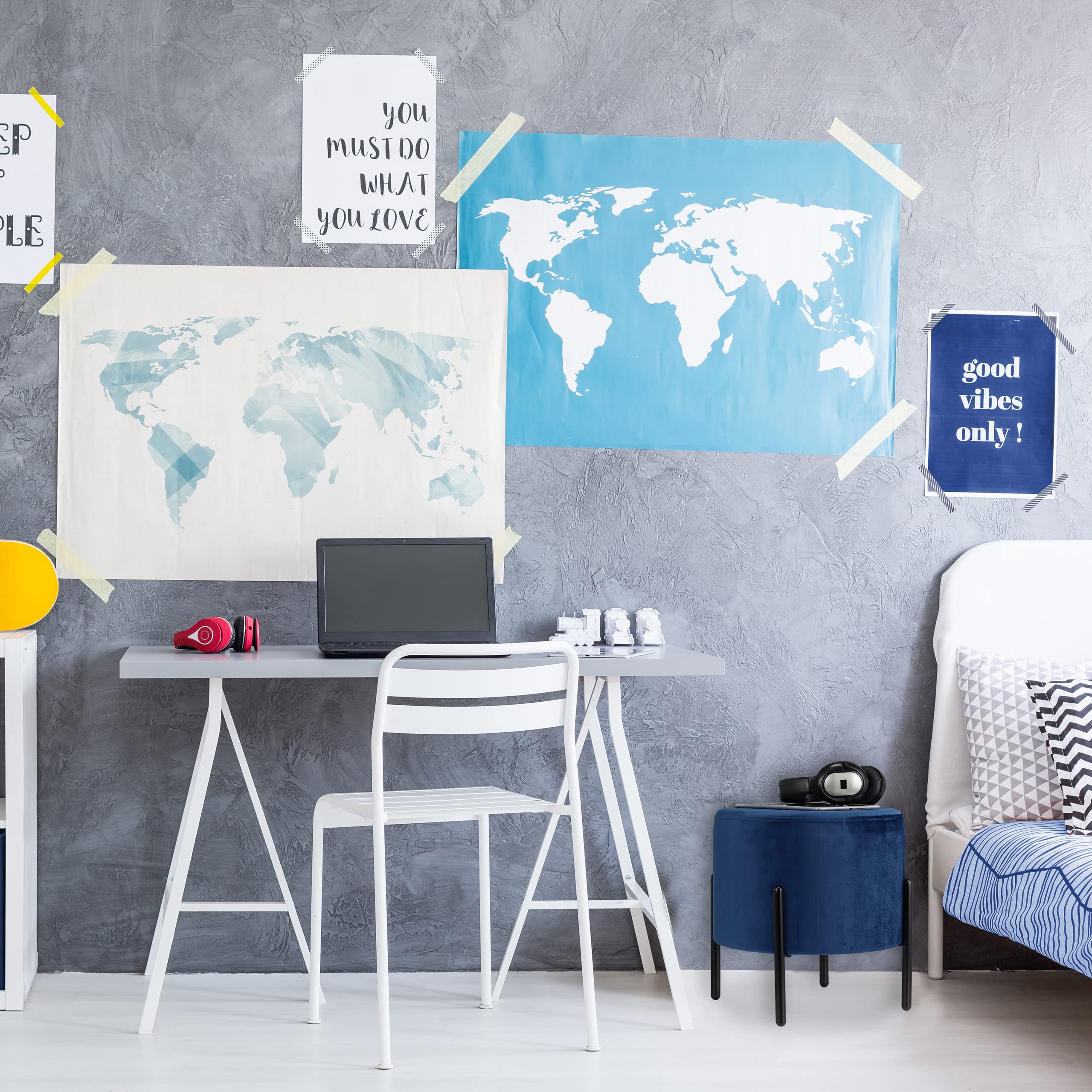Relaxdays Pouf en Velours, Tabouret Rond, matelassé, Pieds en métal Noir, HxD : 38,5x40,5 cm, siège Tissu, Bleu