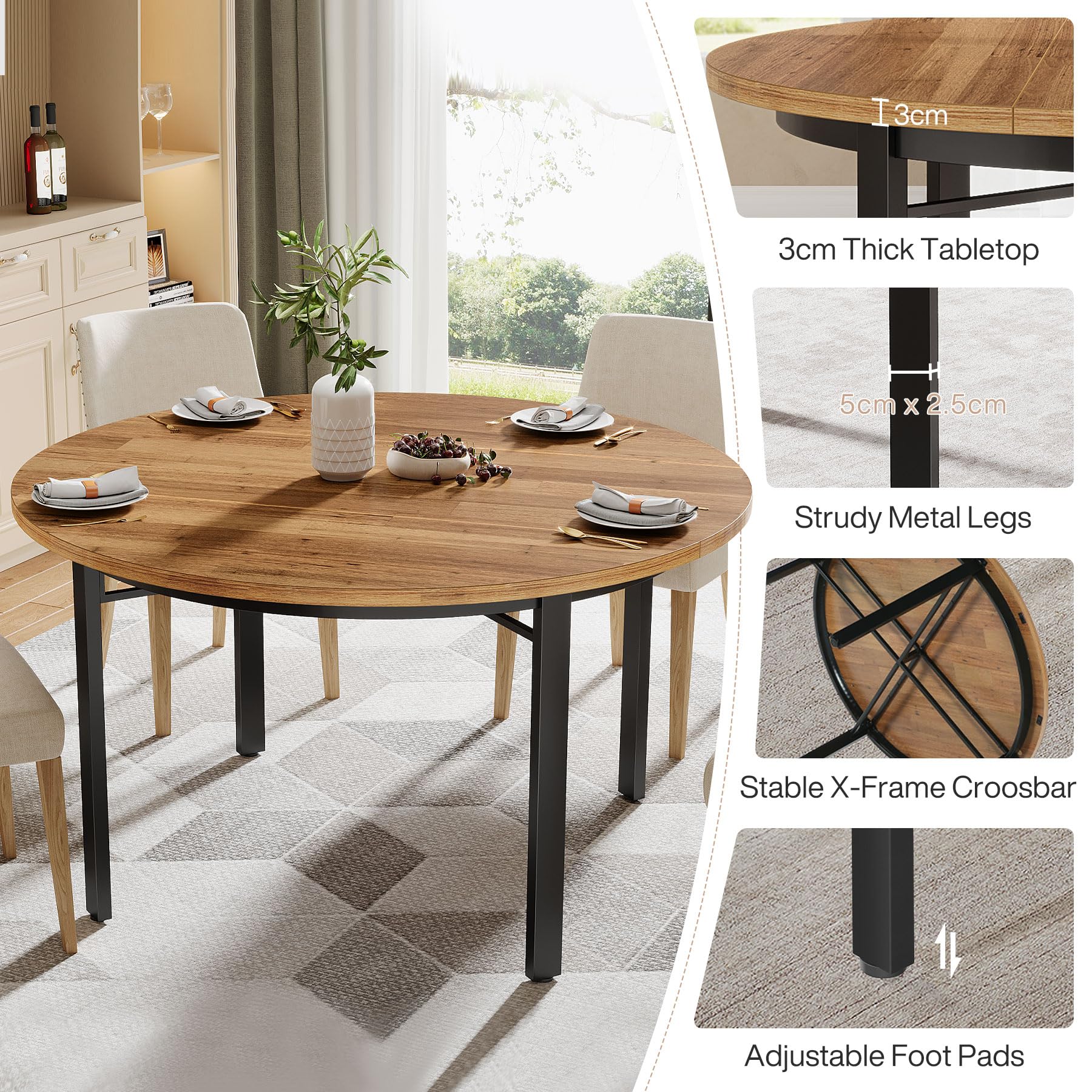 Tribesigns - Tavolo da pranzo rotondo per 4-6 persone, 118,5 cm Tavolo da cucina con gambe in metallo solido, Tavolo rotondo per sala da pranzo, cucina