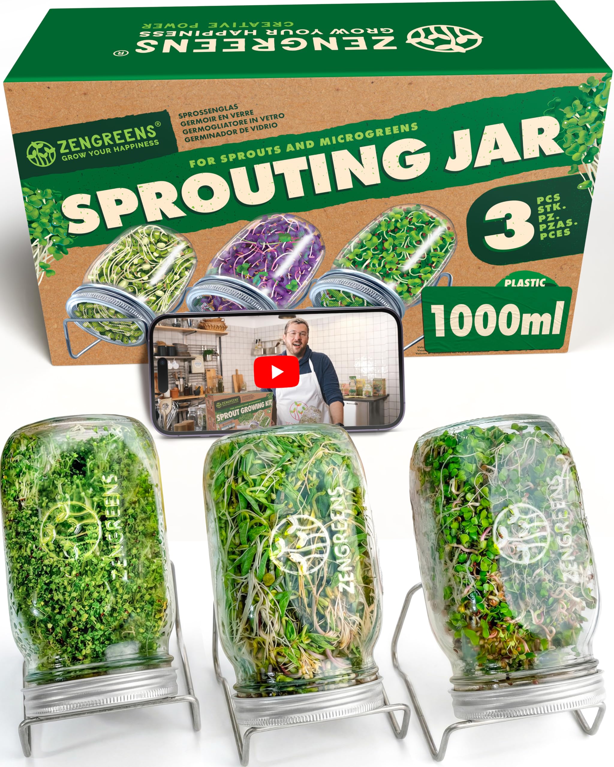 zengreens® Kit di coltivazione per germogli - Set da 1, 2 o 3 barattoli per germogli - Include: barattolo germogliatore e supporto in metallo - Incl. videocorso online