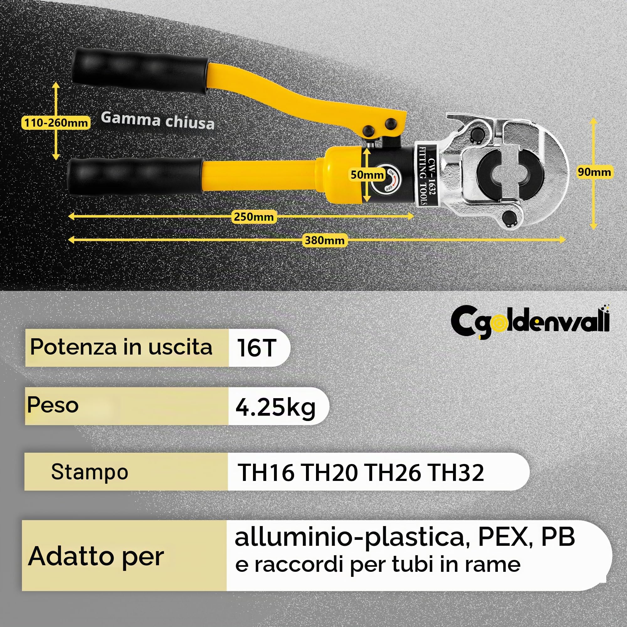 CGOLDENWALL Crimpatrice Idraulica Tubi Multistrato, con Stampi TH16 20 26 32 mm², Uscita 16T, con Testa di Crimpaggio Girevole a 360°, per Tubi in Rame/Alluminio Plastica/Pex/PB