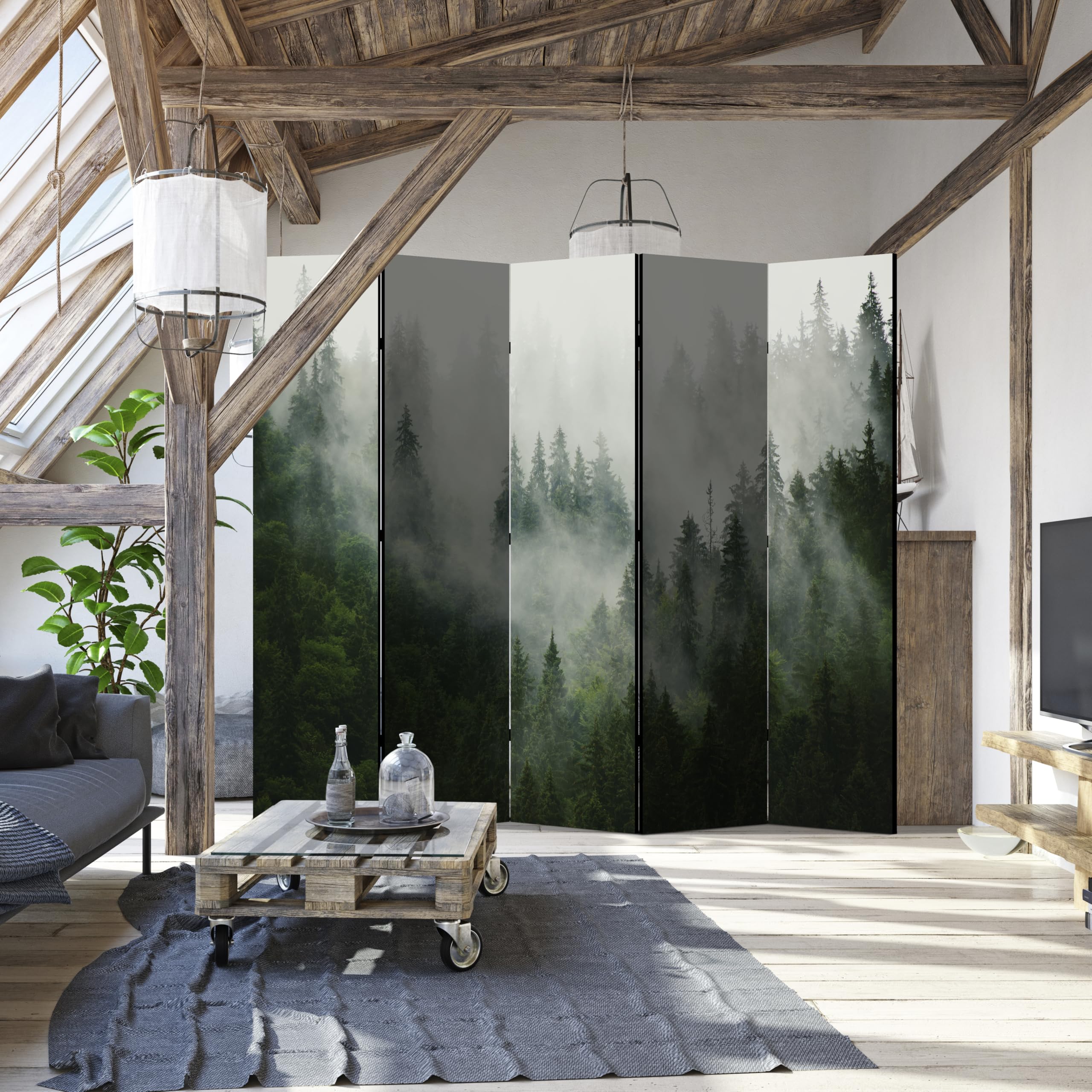 LUMASOUL Paravent Tweezijdig Roomdivider met 5 Panelen - Kamerverdeler voor Binnen - Scheidingswand en Vouwscherm - Bloemen Motief - 225x172 cm