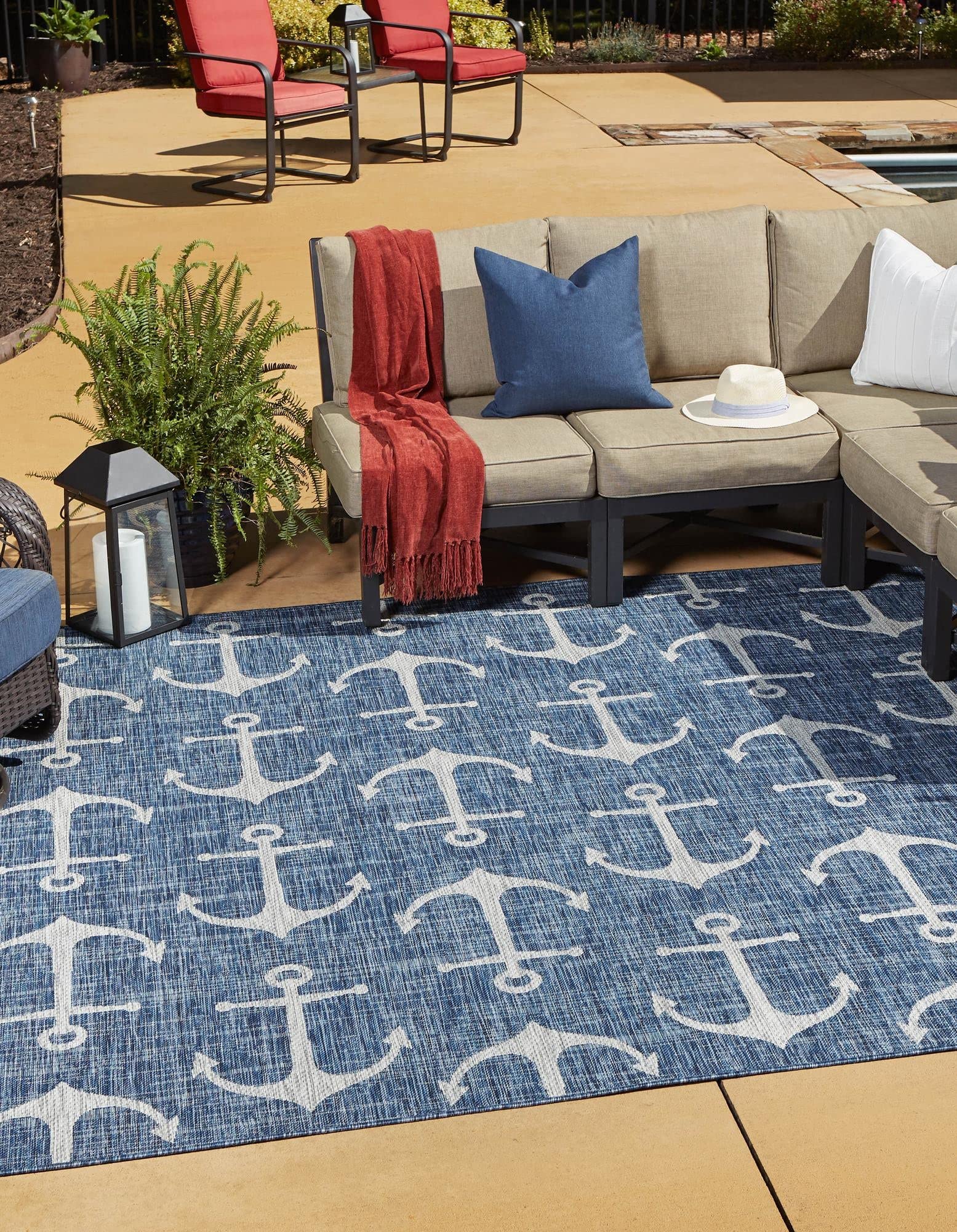 Unique Loom Outdoor Coastal Collection Area Rug - Ahoy (10'Square, Blue/ Ivory)