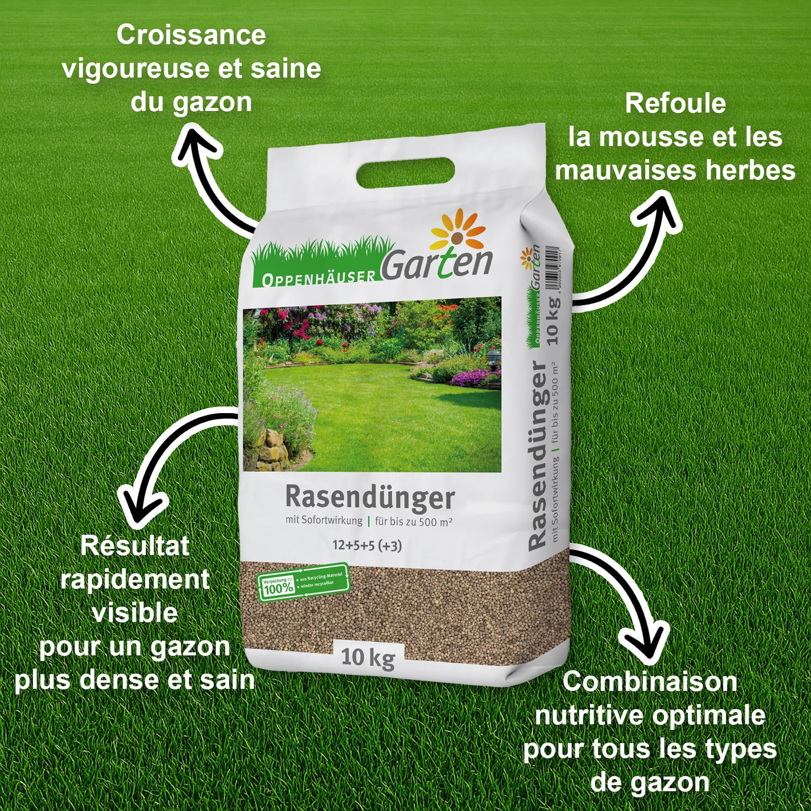 Engrais gazon printemps 20 kg 1000m² effet immédiat pelouse dense verte robuste repousse mousse longue durée