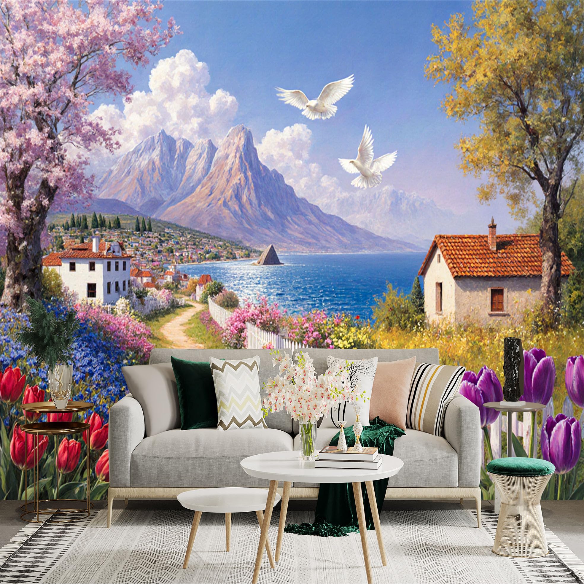 Custom Size Wall Sticker Mural， Scenic Coastal Village with Blooming Tulips， Flying Doves and Mountains， for wall Decoration， peelandstick wall Decals.