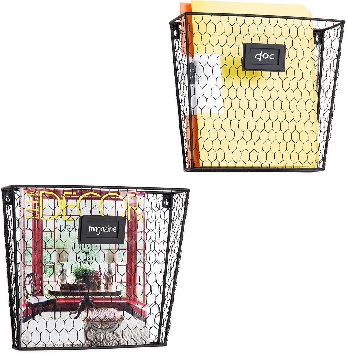 MyGift Wall Mounted Black Chicken Wire Metal Magazine Holder and Documents and Files Storage Organizer Bin with Chalkboard Label Inserts, Set of 2