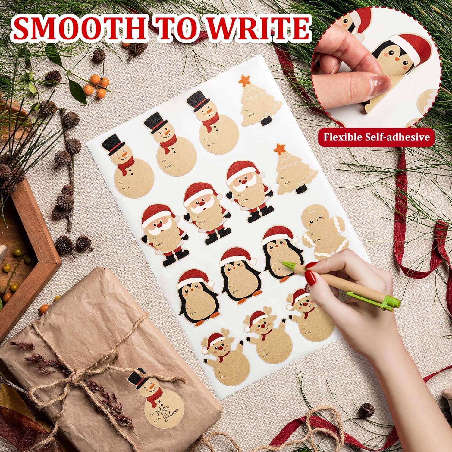 Christmas Gift Tags Stickers, 96Pcs Christmas Gift Labels Xmas Gifts Name Tags for Wrap Presents Boxes Decoration, 2 x 3 Inch, Self-Adhesive Natural Kraft Paper Stickers Santa Claus Snowman Sticker - Image 3