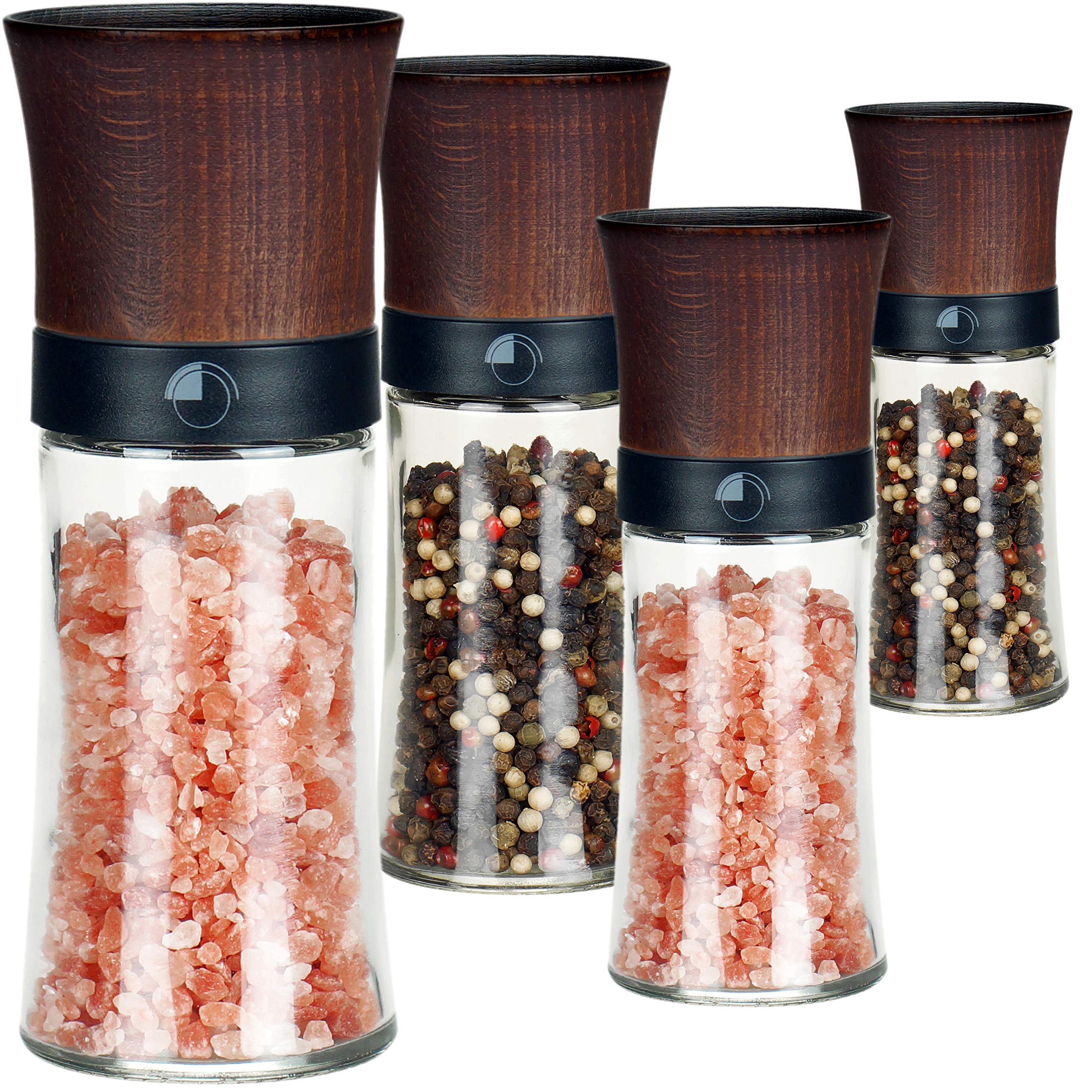 freiwerk Pepper Mill Salt Mill Set of 4 Ceramic Grinders Chili Mill - No Spice Content - 150 ml Beech Wood Dark