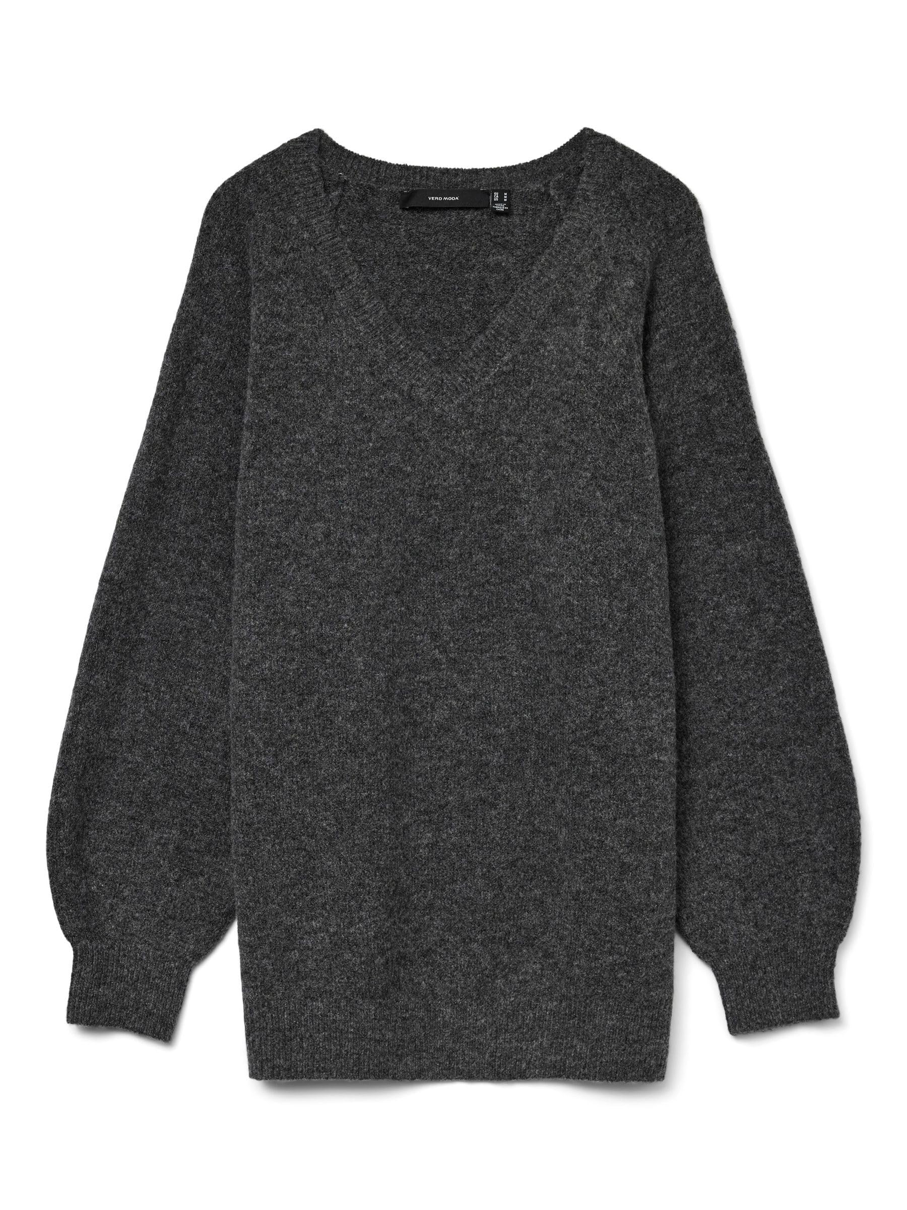 VERO MODA Vmleaf LS Long V-Neck Pullover Noos, Dark Grey Blend, S