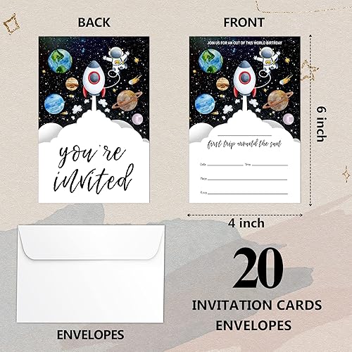 Miniatura 2 de HOUSPEAK Outer Space - Tarjetas de invitaciones de primer cumpleaños con sobres (20 unidades), suministros de fiesta de cumpleaños de astronauta