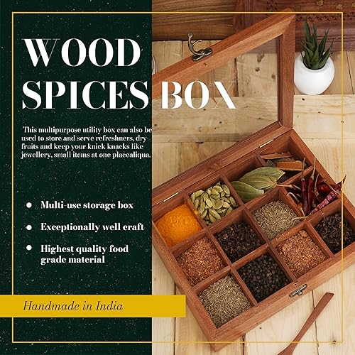 Miniatura 4 de Ajuny Caja de especias indias Masala Dabba hecha a mano de madera con tapa de vidrio en la parte superior con 12 recipientes no extraíbles y 1