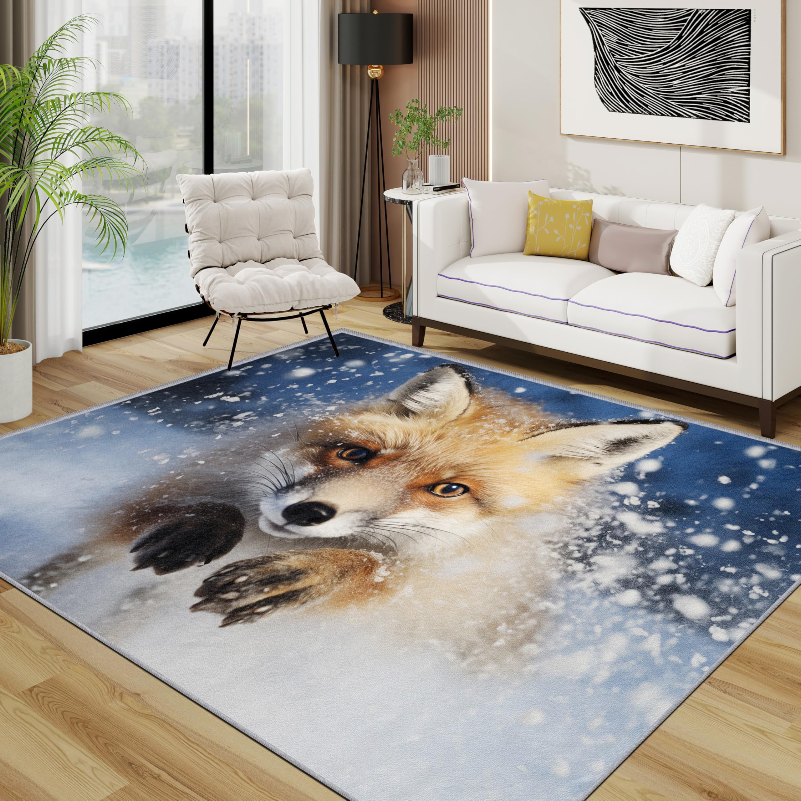 TerroVee Fox Rug - Snowflake Cute Animal Small Rugs for Bedroom 40x60, Winter Wildlife Floor Mat Soft Washable Non Slip Indoor Mats, Fox Home Decor