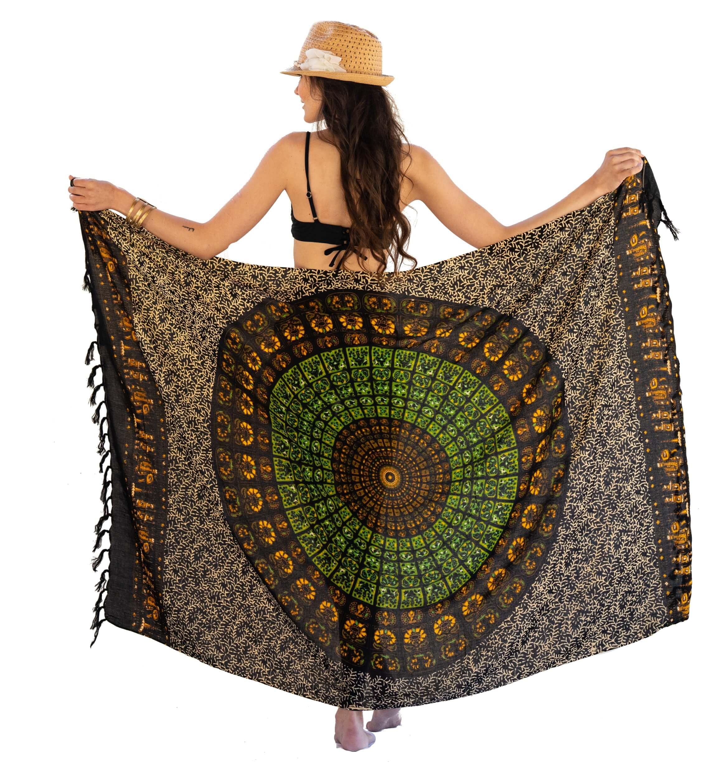 NELUHA Women's Sarong Scarf with Sarong Holder Pareo Wrap Towel Dress Wrap Skirt Women's Beach Towel XXL Cloth Men Pareo Women's Beach Towel Women's Mandala Brown Green