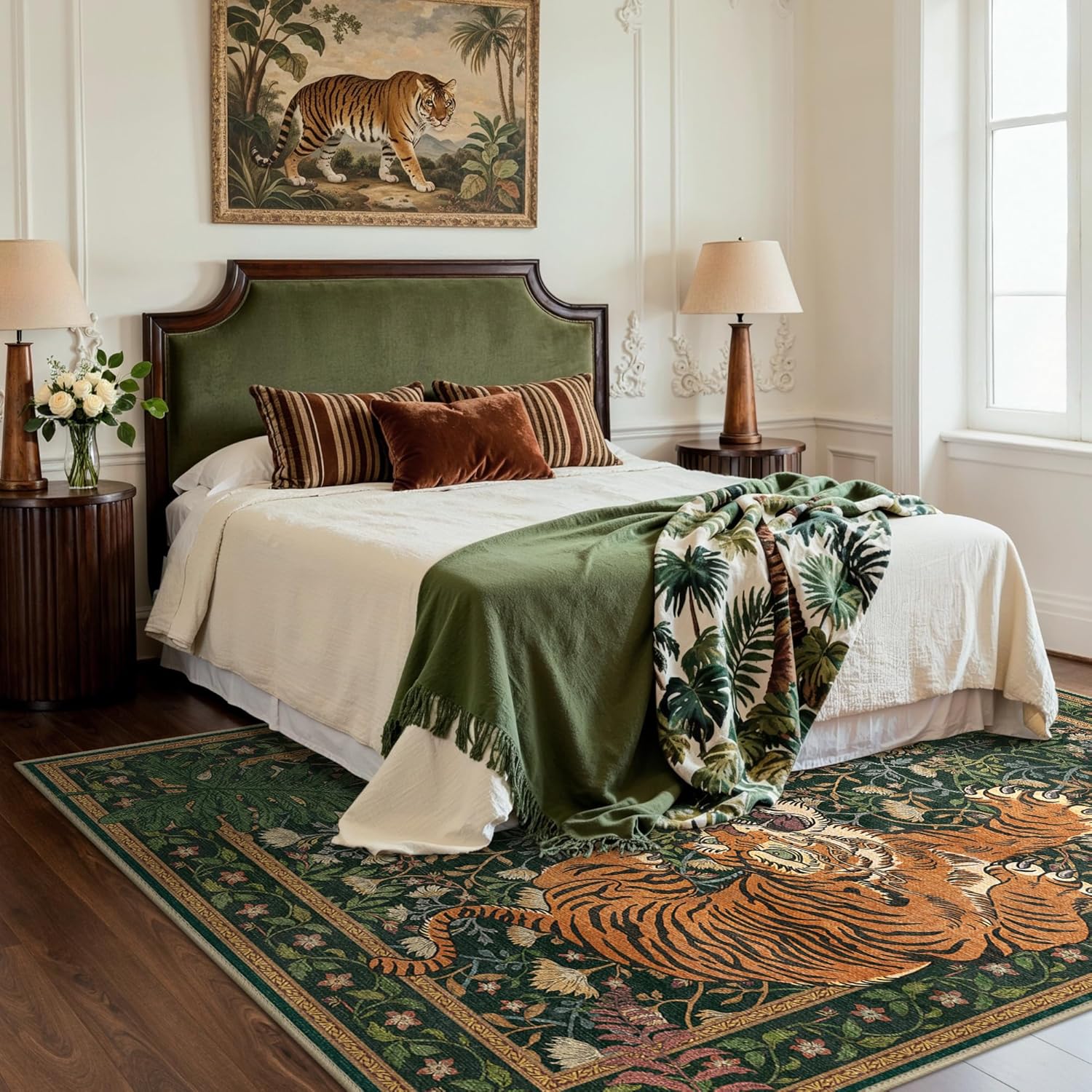 Bavni Tiger Area Rugs 5x7, Boho Vintage Oriental Living Room Rug, Non Slip Washable Rug Stain Resistant, Low Pile Thin Soft Green Rug, Botanical Animal Carpet for Bedroom, Dining Room, Office, Dorm