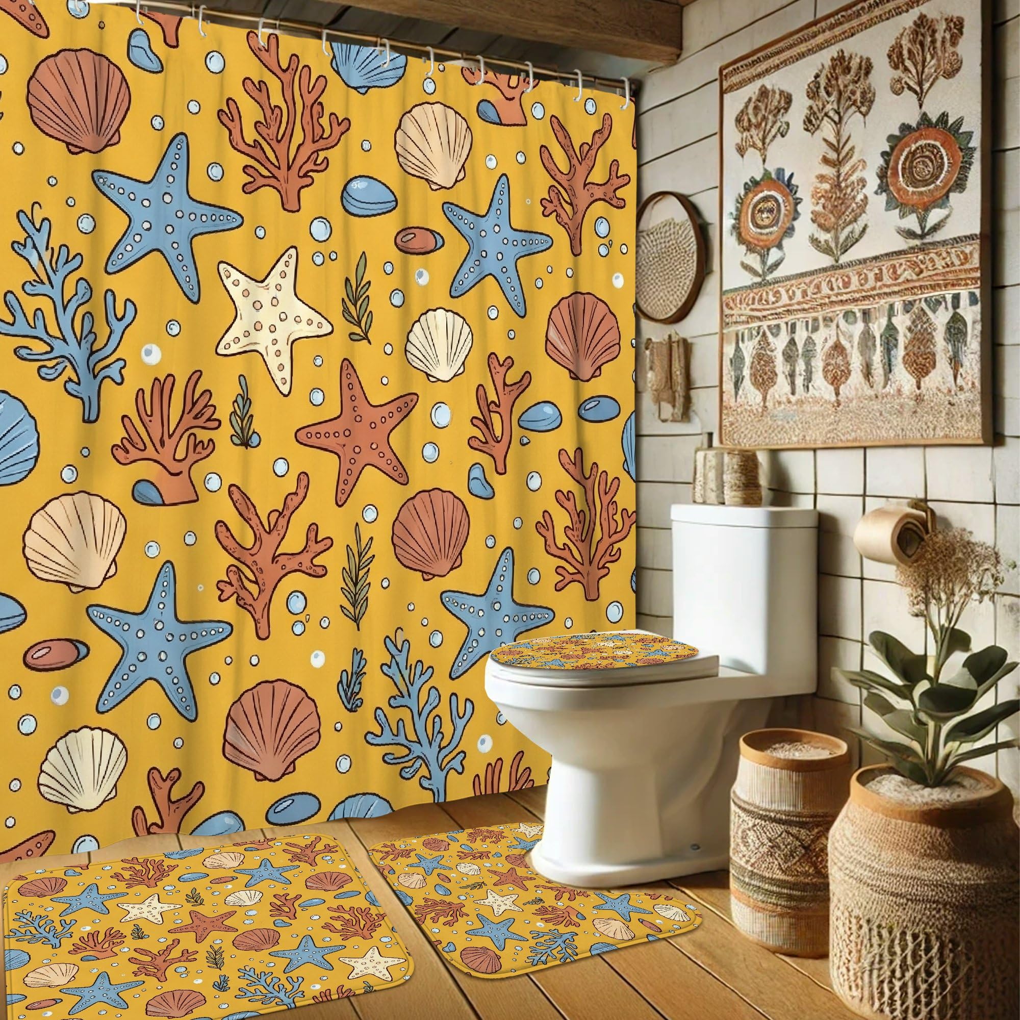 Rideau de douche motif coquillage corail et tapis imperméable jaune d'été pour appartement