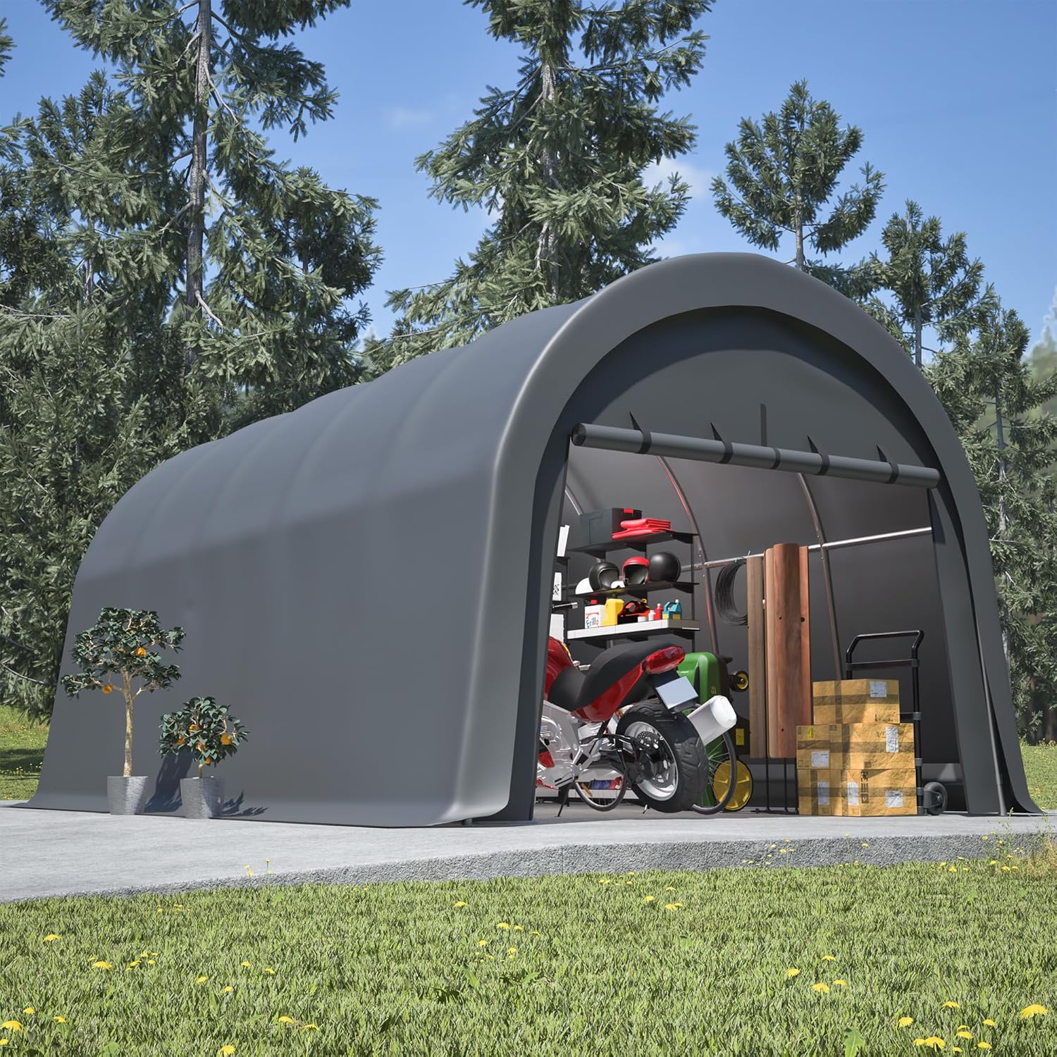 Heavy Duty 12x20 ft Metal Carport Canopy with 2 Roll up Zipper Doors,Round Style Outdoor Garage Storage Shed for Car, Truck, Boat, Patio Furniture Anti-Snow Waterproof