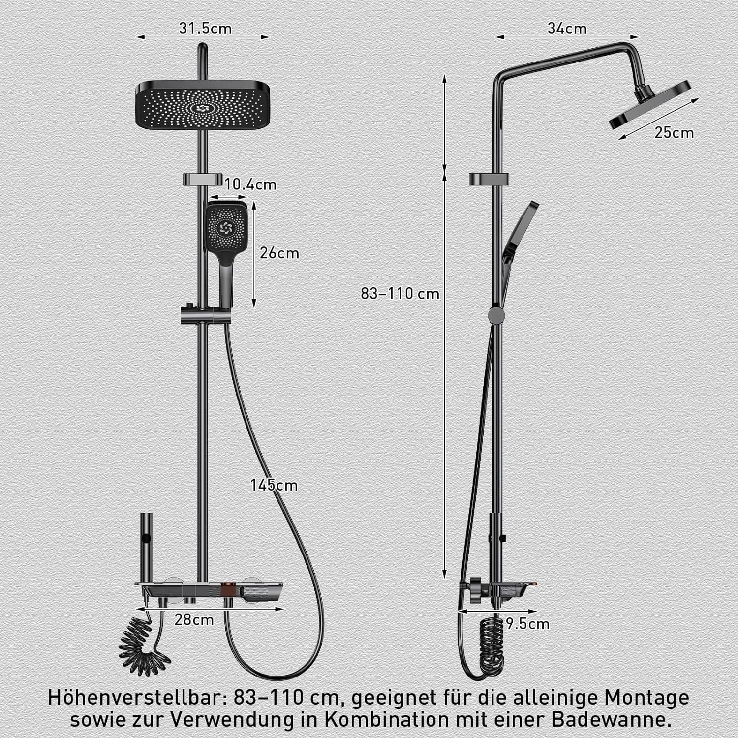 Duschsystem mit Armatur, XXL Regendusche Komplettset mit Klaviertasten-Bedienung, 4 Funktionen Duscharmatur Set, Höhenverstellbar 83-110cm, Messing & Gehärtetes Glas, Duschamatur für Badewanne