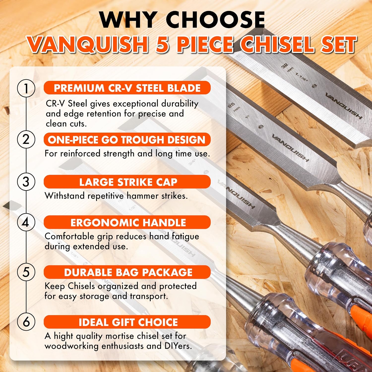 Vanquish High-Impact Wood Chisel with One-Piece Forged Blade1/2 Inch Go-Thru Mortise Chisel for Woodworking(4603)
