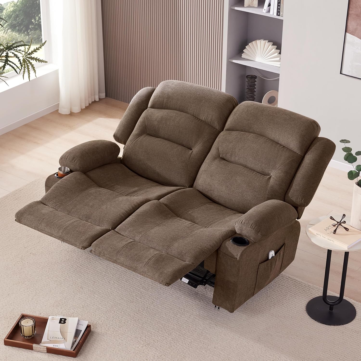 Weture Oversized Recliner Sofa with Heat and Massage, Big Large 2-Seater RV Recliner Couch Sofa for Living Room, Wall-Hugger Reclining Sofa with Cup Holders and USB Port(Fabric, Brown)