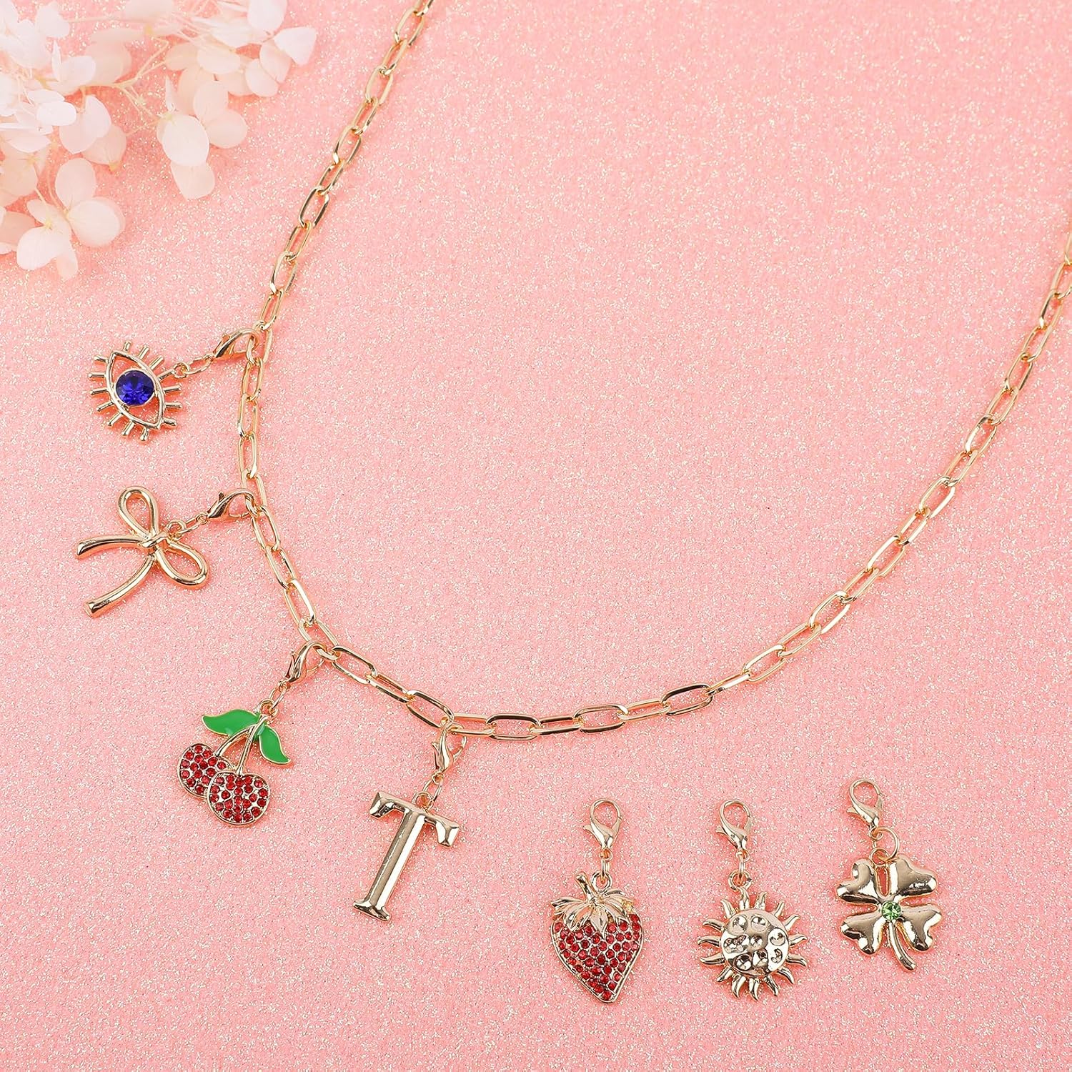 Initial Charm Necklace for Women, Evil Eye Four-Leaf Clover Sun Bow Cherry Strawberry Removable Charms Necklace Paper Clip Chain Choker, Trendy Jewelry Birthday Christmas Gifts for Her (Letter T ) - Image 5