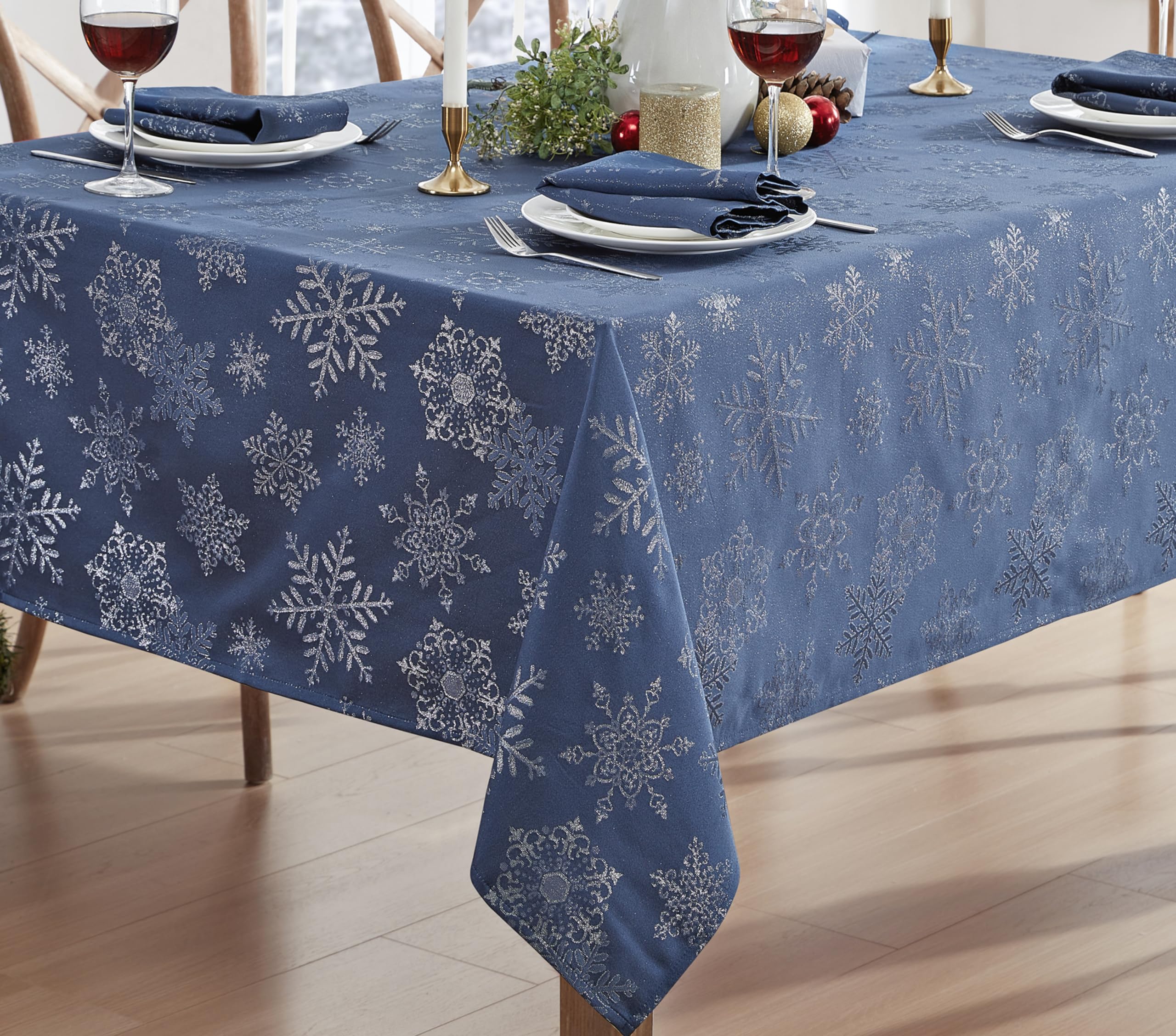 Newbridge Fancy Metallic Snowflake Christmas Fabric Tablecloth, 60 x 120 Inch Rectangle, Navy Silver, No-Iron Soil Resistant Sparkling Snowflakes Woven Holiday Table Cover