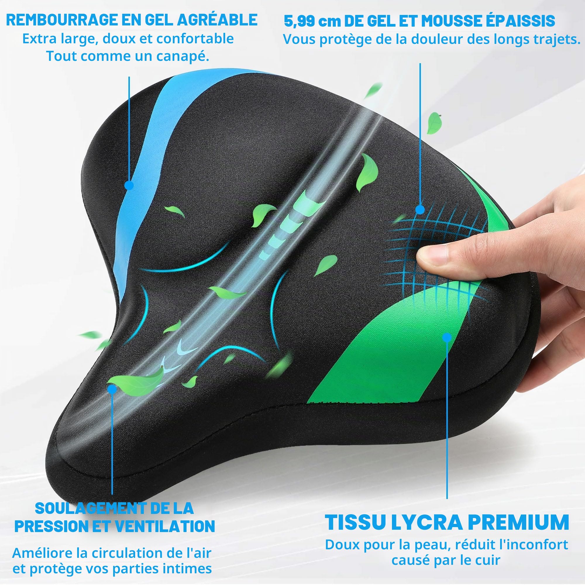 CDYWD Selle de Velo Ultra Confortable Homme et Femme, Extra Large Selle Velo Gel, Rembourrage Doux Ergonomique, avec Suspension, Siege Confort Velo pour VTT, Vélo de Ville, Ebike, Vélo Stationnaire