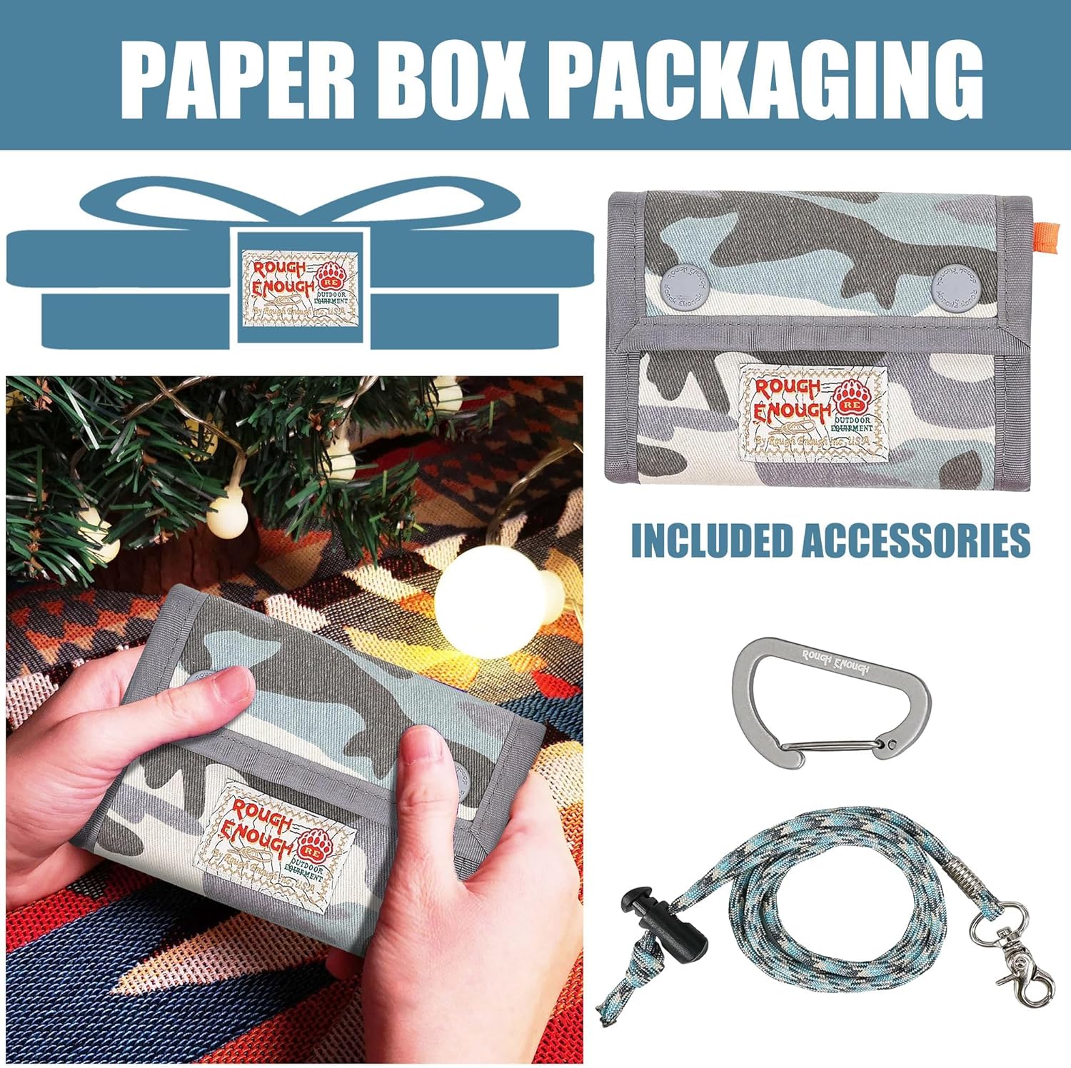 Rough Enough Kids Canvas Wallet for Boys Teens, with Button Closure, Neck Lanyard and Carabiner, for Camp, Travel and Daily Carry, Light Blue Camo