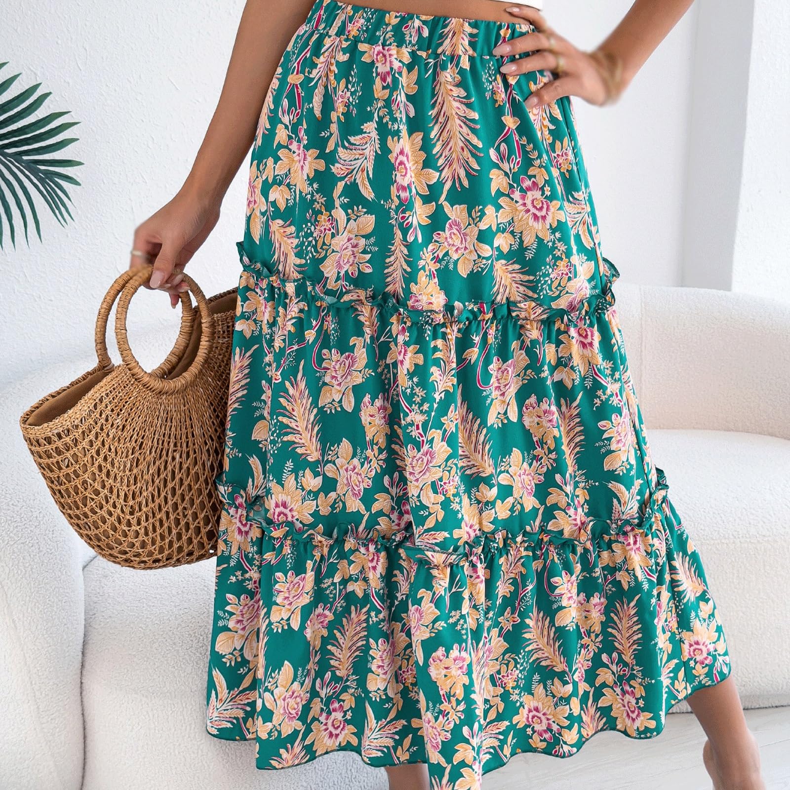 DUddTTW Floral Women's Midi Skirt Ruffle Midi Length Flowy Skirt Beach Ankle Length Skirts Maxi Skirts High Waisted Swing Skirt Loose(Gr�n,Lagre)