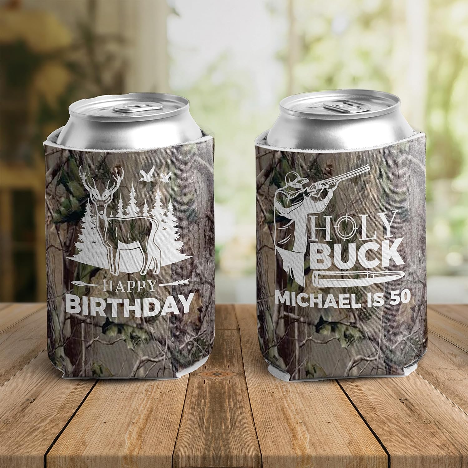 VictoryStore Custom Birthday Can Cooler – “Holy Buck” Camo Party Favor – Personalized with Name & Age – Fits 12oz Cans or Bottles – Hunter-Themed Birthday Drink Sleeve, Set of 25