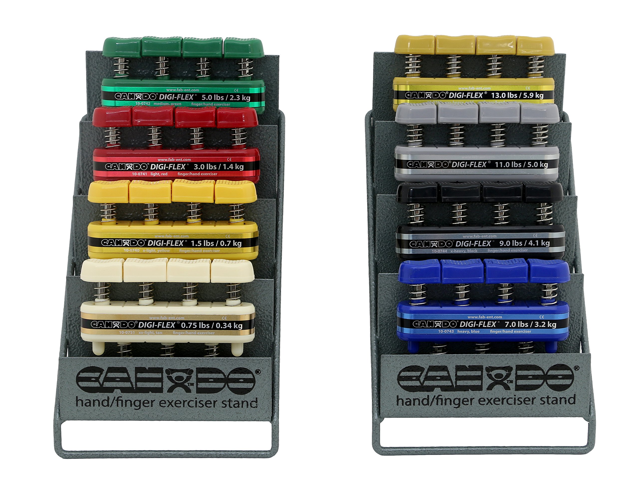 CanDo Digi-Flex hand exerciser - set of 8 (tan, yellow, red, green, blue, black, silver, gold), with metal rack