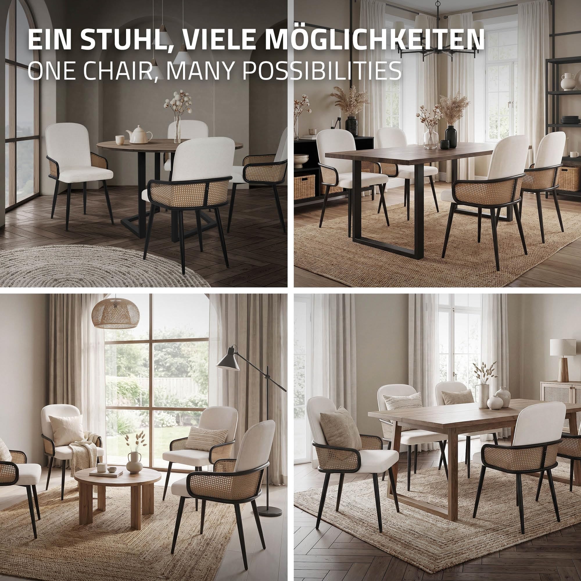 ML-Design Juego de 2X Sillas de Comedor con Funda de Tela Beige, Asiento de Salón con Respaldo, Reposabrazos con Aspecto de Ratán Mueble Tapizado con Patas de Metal, Sillón Ergonómico de Cocina