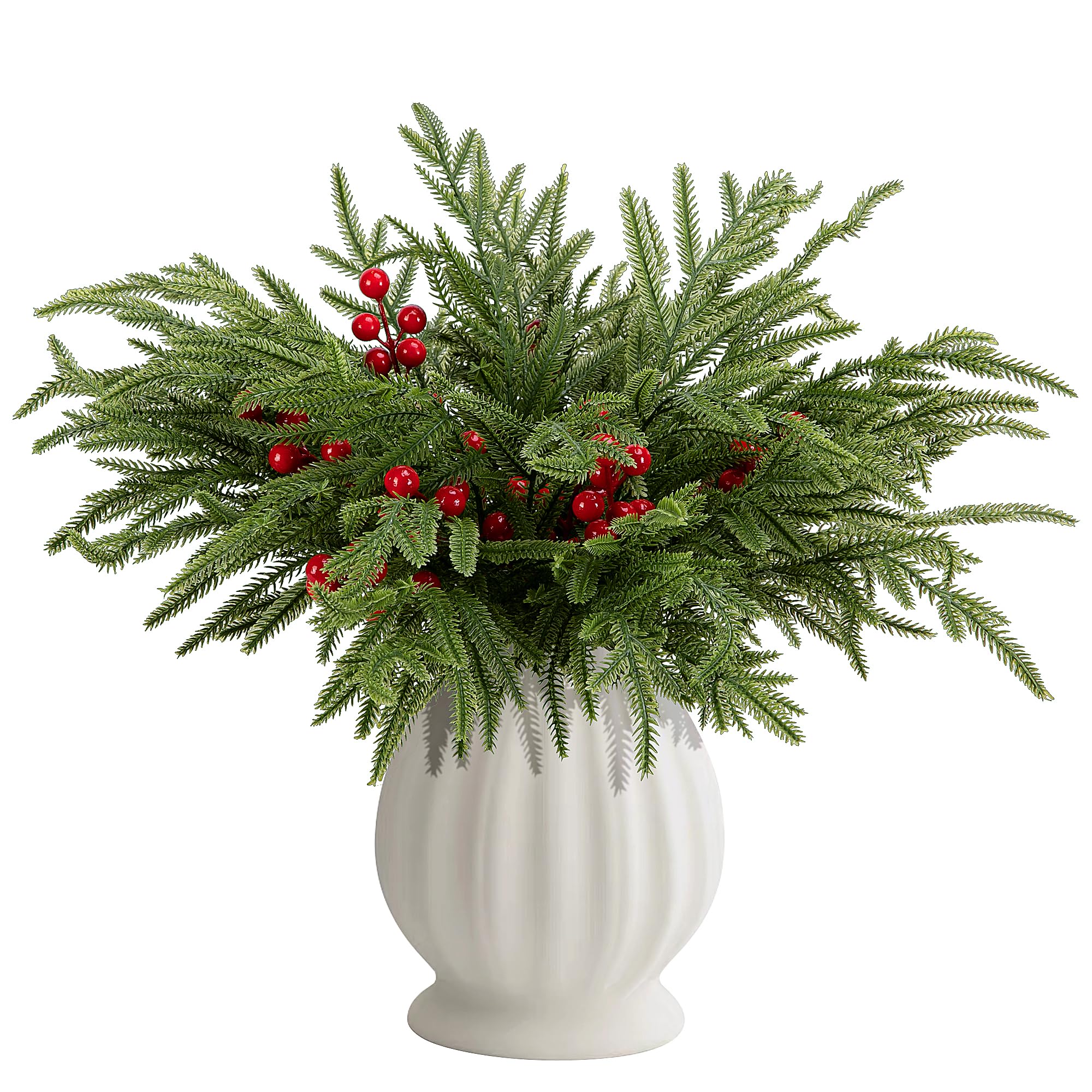 Watayo 60 Pcs Christmas Norfolk Pine Branches with Red Berry Stems, 14" Artificial Greenery Norfolk Pine Stems Sprigs, Fake Foliage Pine Needles Picks for DIY Craft Garland Home Decoration