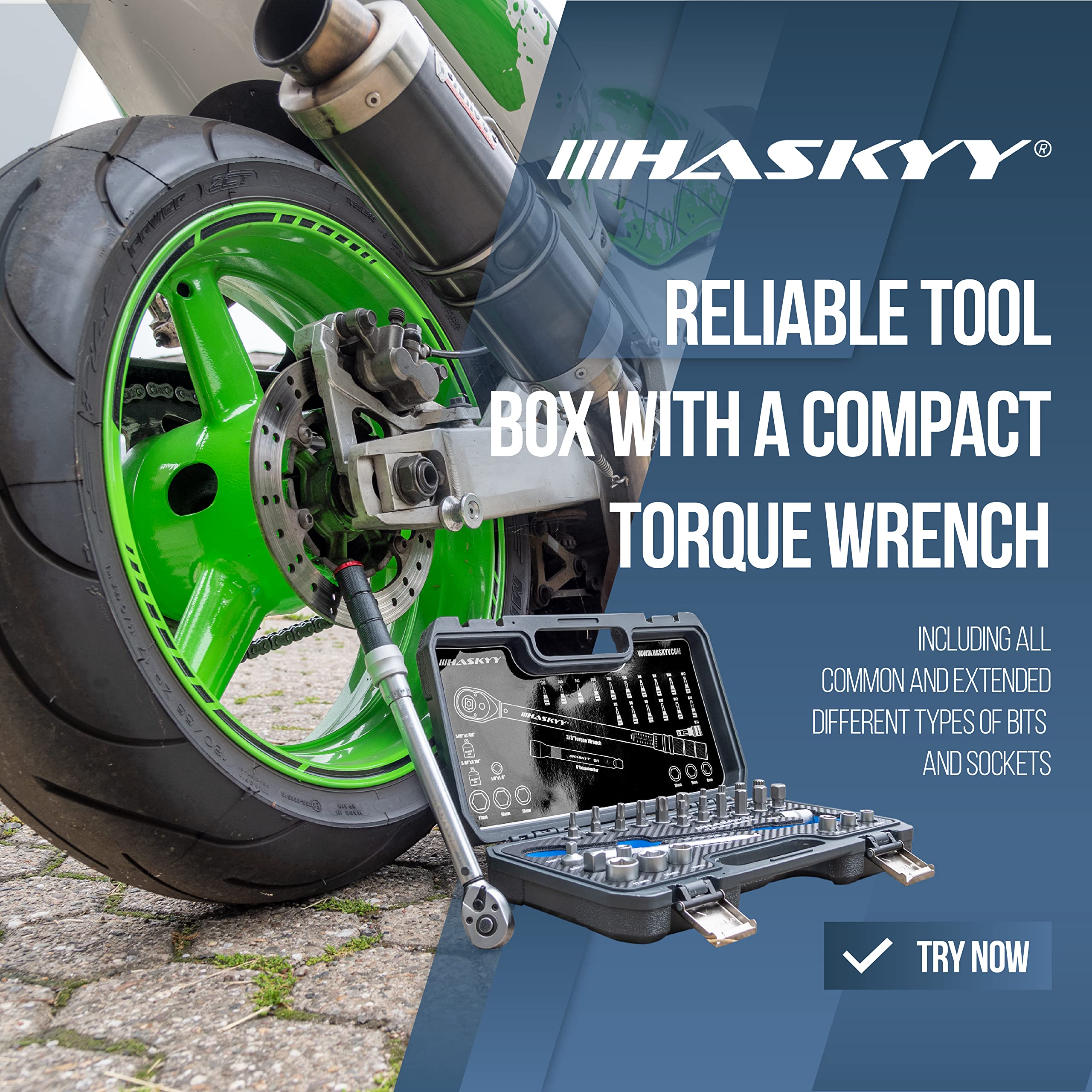 HASKYY Drehmomentschlüssel Set 3/8" 5-60Nm Motorrad Chopper Custom-Bike mit viel Zubehör wie Verlängerungsstange, Bits, Nuss-Einsätze, Adapter