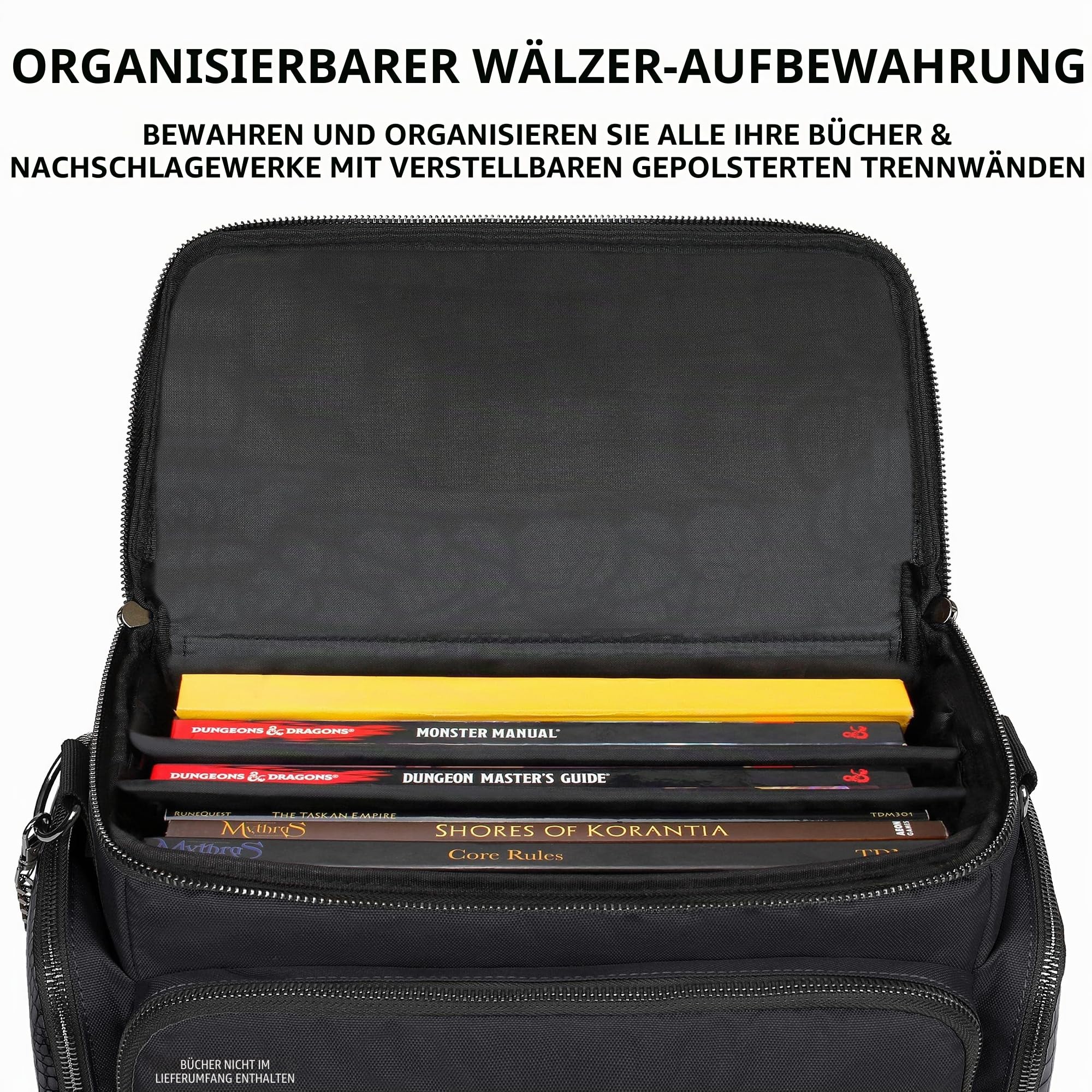 ENHANCE Tabletop RPG-Tasche des Abenteurers, Sammleredition - DND-Tasche mit Tabletop-Miniaturen-Aufbewahrung, Mattenhalter, DND-Würfel- und Token-Taschen, passend für 4-8 Bücher (Drachen Schwarz)