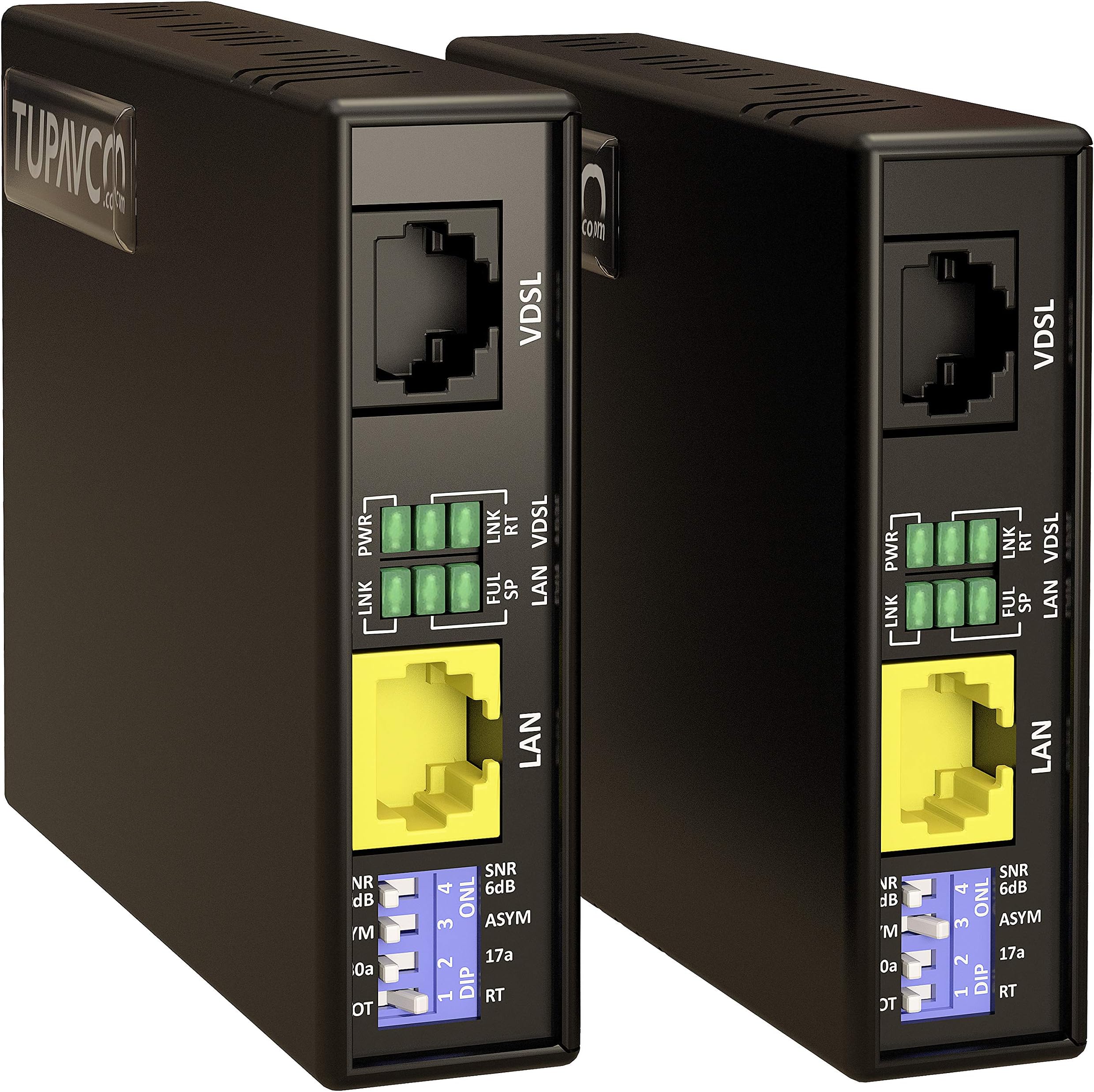 Tupavco Ethernet Extender Kit Over Phone Line or RJ45 Cable Range up to 7000 ft - 2pc Pair TEX-100 - LAN Network Extension over Twisted Copper Wire or CAT5/CAT6-VDSL Broadband Repeater Booster Bridge