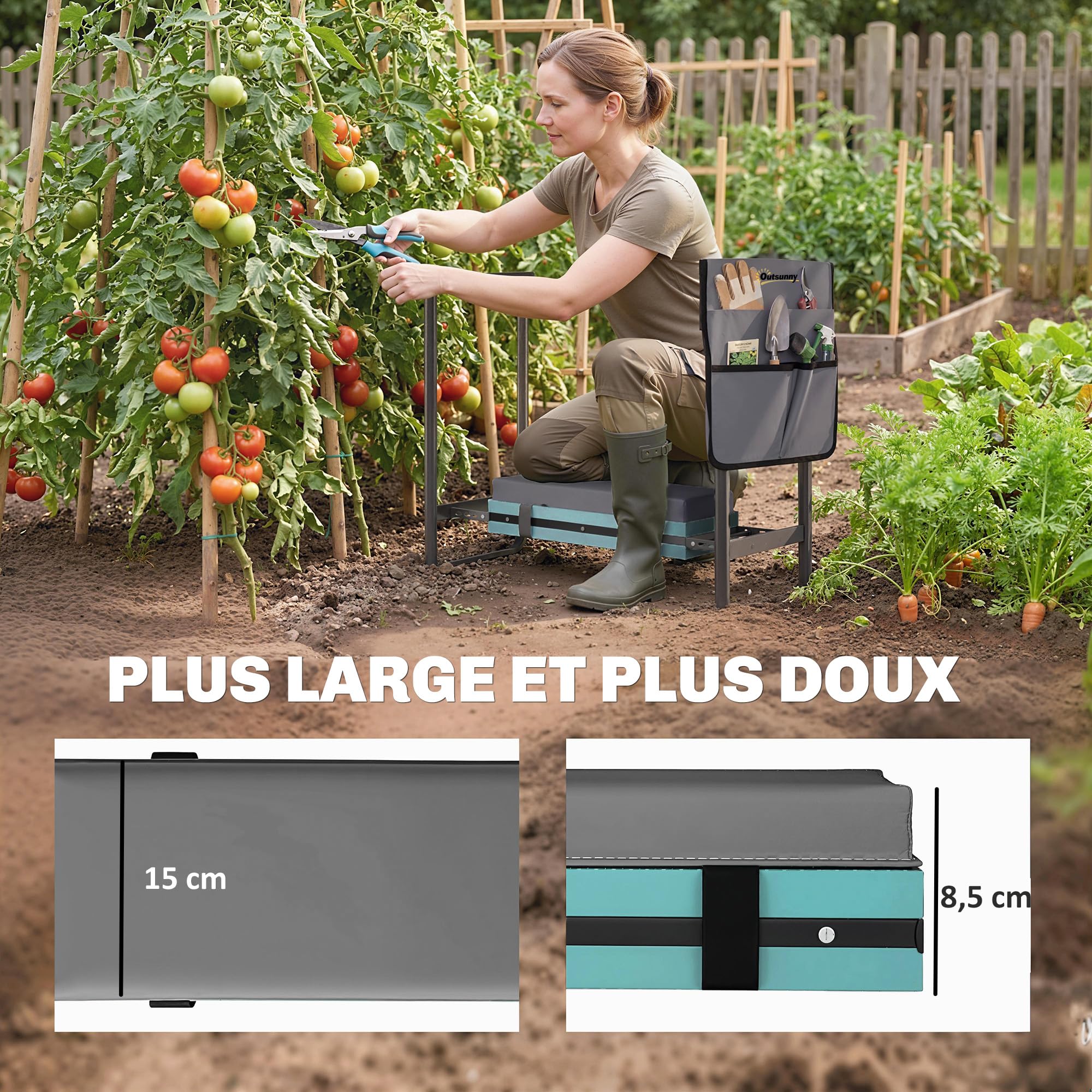 Outsunny Tabouret de Jardin Pliable Agenouilloir de Jardin Repose-Genoux Siège Jardinage avec Coussin Rembourré Épais en Mousse EVA, Poches à Outils, Gris Foncé
