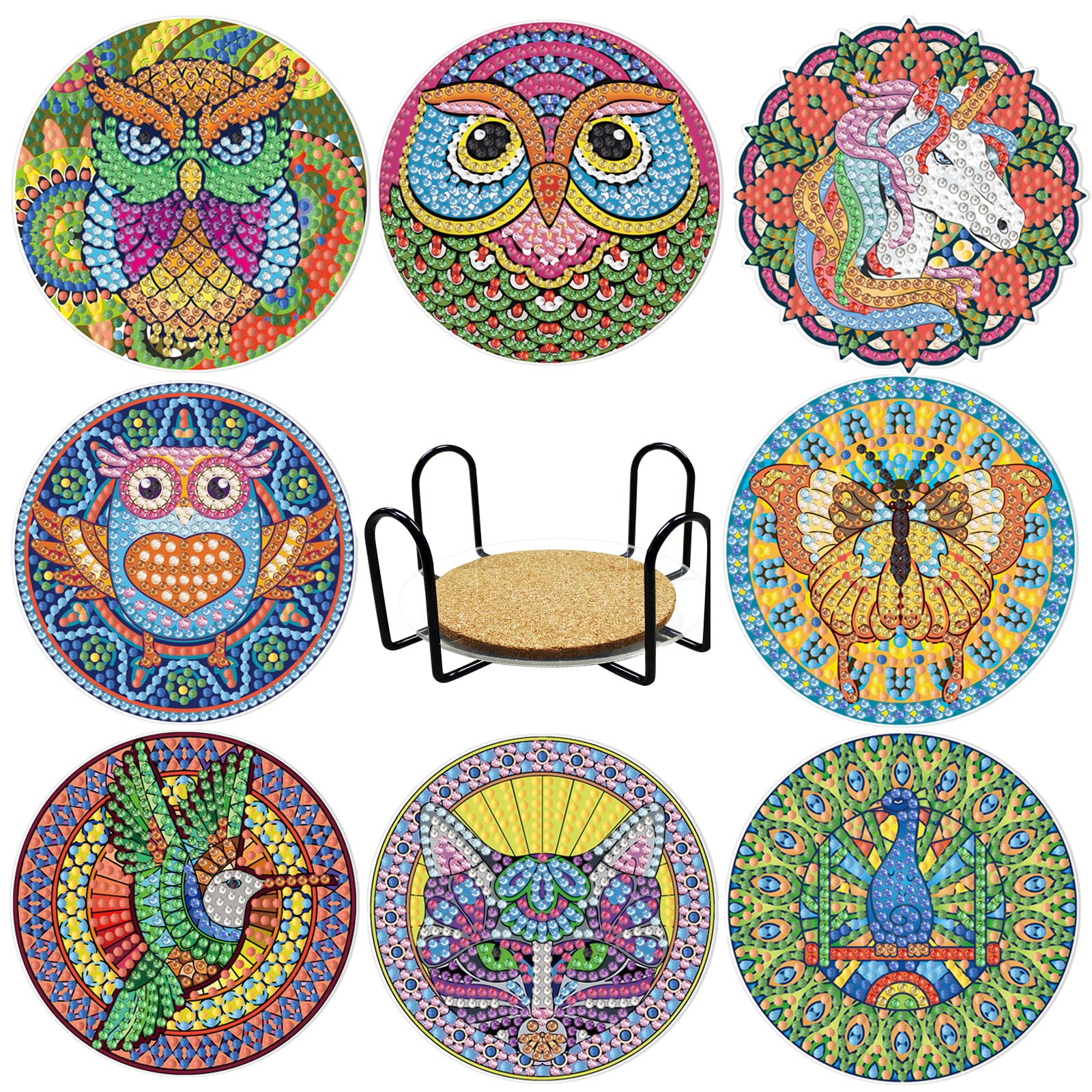 KS 8 Pcs Diamond Painting Coasters Kit with Holder, Mandala Coasters DIY Diamond Art Coasters Crafts for Adults, Owl Butterfly Acrylic Bases Diamond Painting Kits Accessories for Kids