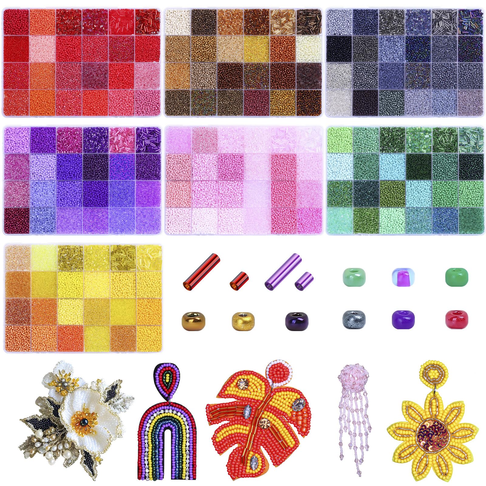 168 Colors 62300pcs 2mm Glass Seed Beads Kit, Small Colorful Craft Beads with 7x2mm & 3x2mm Tube Bugle Beads for Bracelets, Necklaces, Embroidery and Jewelry Making