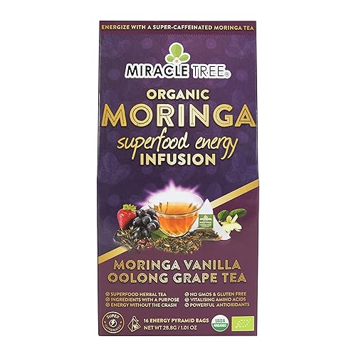 Miracle Tree 's Moringa Energy Tea - Uva Oolong de vainilla  Mezcla súper cafeína  Alternativa de café saludable, perfecta para concentrarse