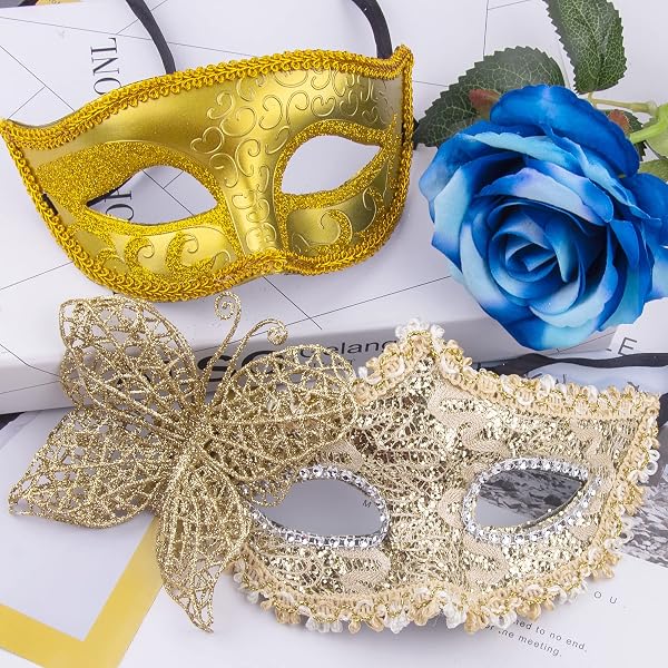 SIQUK 2 Pieces Venetian Mask Couple Masquerade Mask Women Lace Venetian Mask for Women Men Masquerade Party, Gold - 4