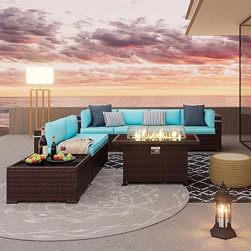 Miniatura 7 de Amopatio Juego de muebles de patio de 8 piezas para exteriores con mesa de fogata de gas juego de conversación de pozo de mimbre de PE muebles