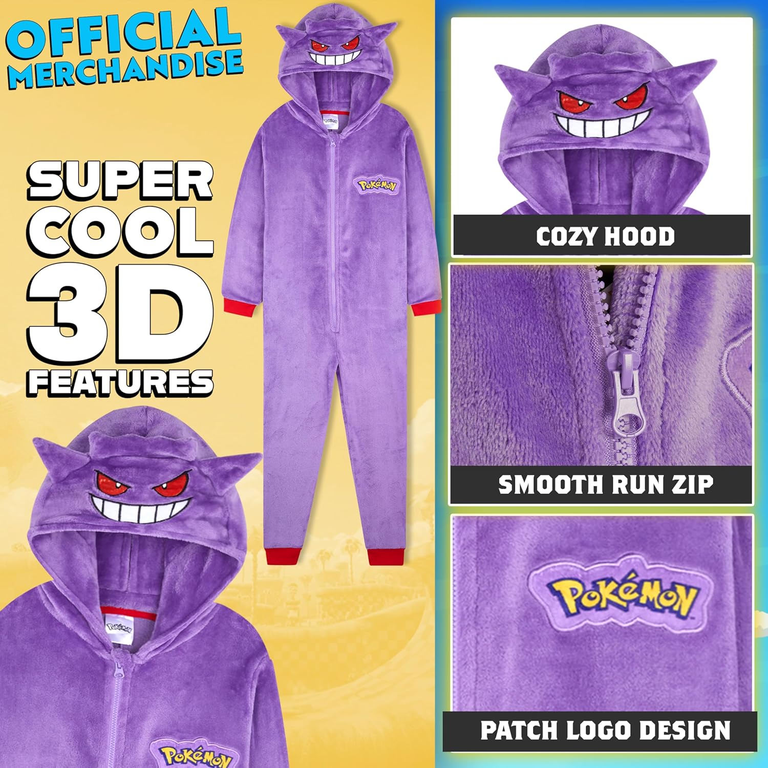 Pokemon One-Piece Pajamas for Boys Teens, Fleece Jumpsuit with Hood, Pikachu Snorlax Gengar Loungewear PJs, Gifts for Boys - Image 3