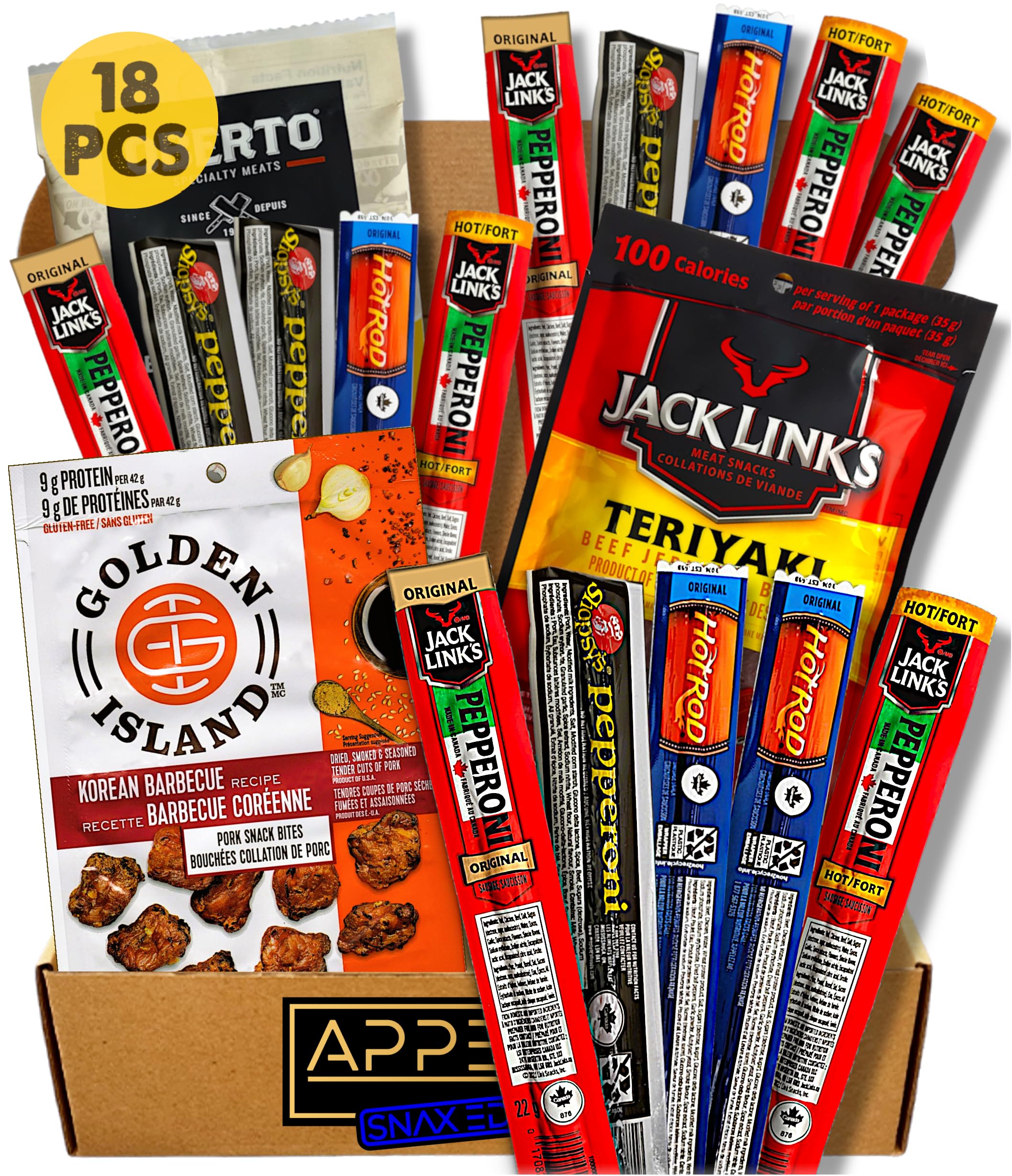 Bulk Snack Packs and Meat Snacks - Gifts for Dad & Gifts for Men – Beef Jerky Snack Box with Pepperoni Sticks – Birthday Snacks for Adults – Gift Includes Jack Links, Hot Rods, Oberto & More