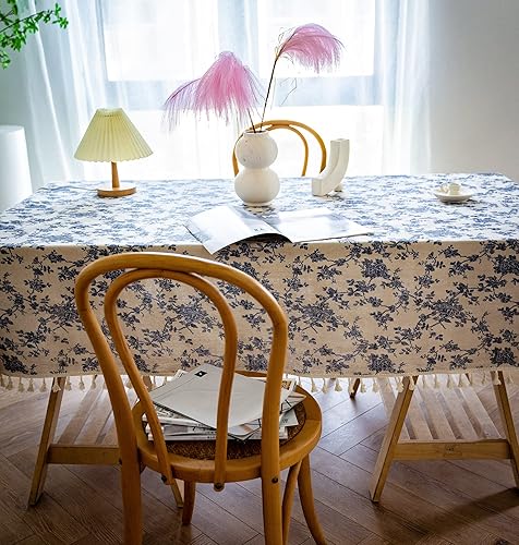 Miniatura 3 de Tela de lino de algodón con diseño floral de rosas azules francesas, mantel rectangular con borlas cosidas para cocina, comedor, mesa, decoración,