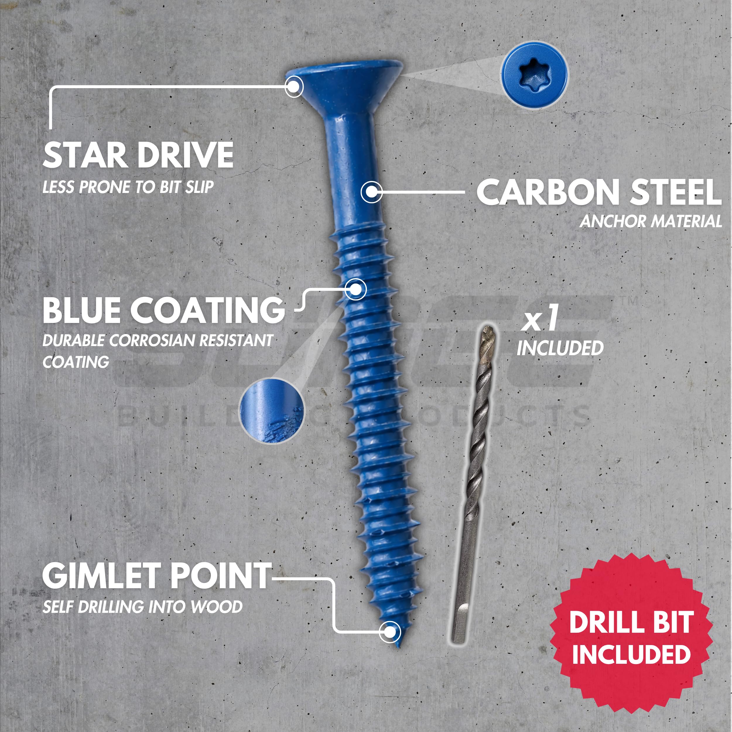 Tornillos de hormigón azules de cabeza plana de 1/4 x 2-3/4 pulgadas con broca (caja de 100)