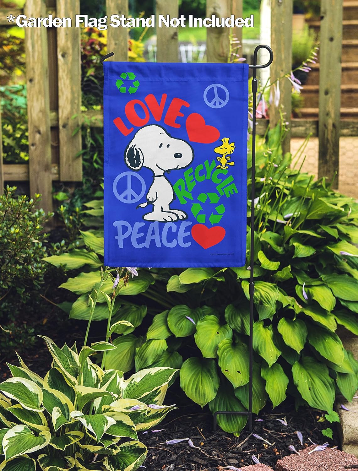 Flagology, Peanuts Peace, Love, Recycle – Garden Flag 12" x 18", Officially Licensed PEANUTS®, Earth Day