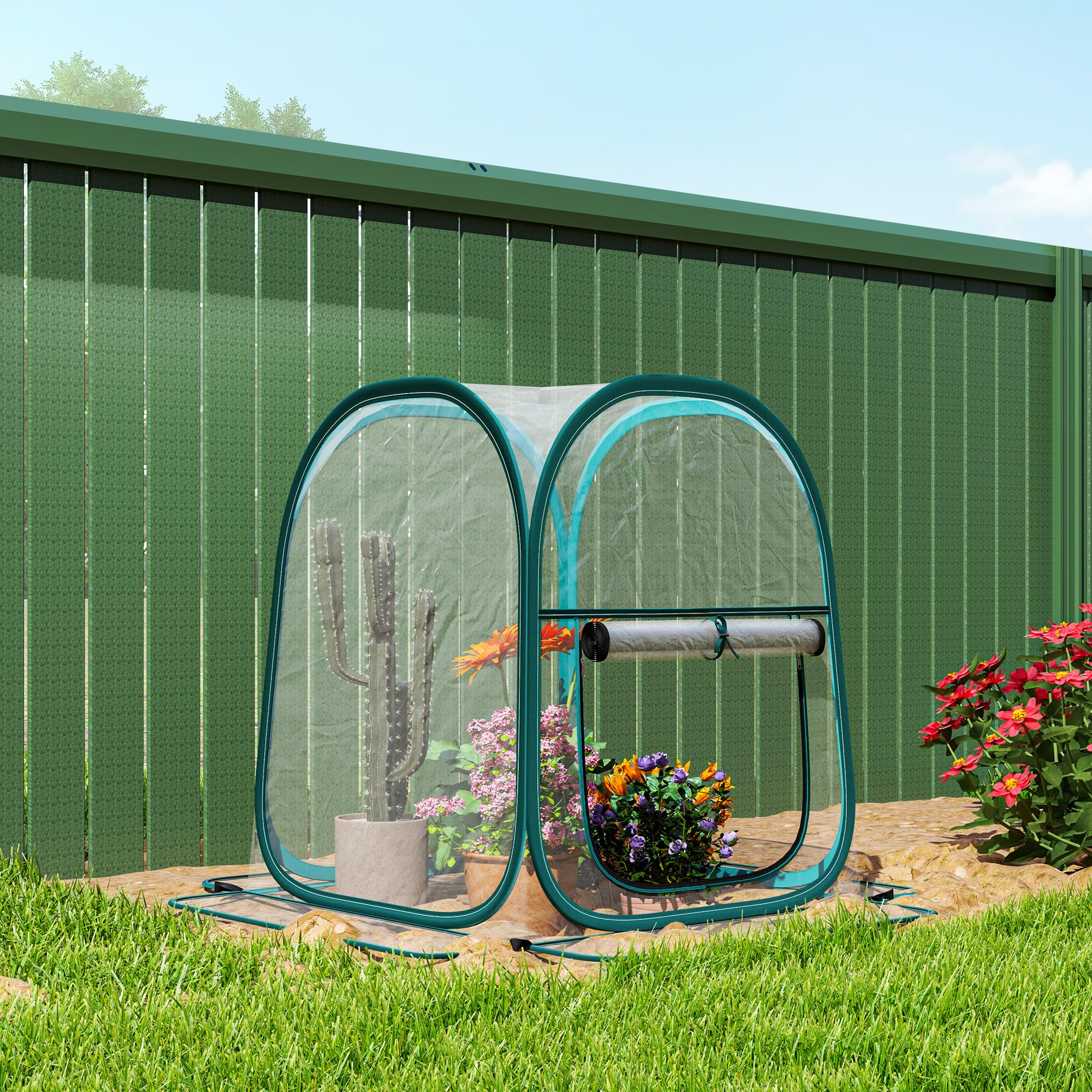 Outsunny Mini Invernadero Plegable Pop-up, Invernadero Exterior Transparente con Puerta Enrollable y Cubierta de Plástico, Contraviento, para Cultivar Plantas, Flores, 70x70x80 cm, Transparente