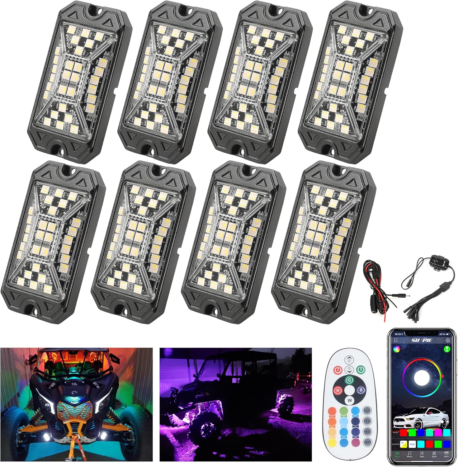 SUNPIE 8 Pods RGBW Rock Lights – Full Beam Angle, 30 High Power Chips, Aluminium Housing, Mounting Pads Included, IP67 Waterproof, Music Mode Underglow Lights, Fits Trucks, SUV, ATV, UTV, Boats