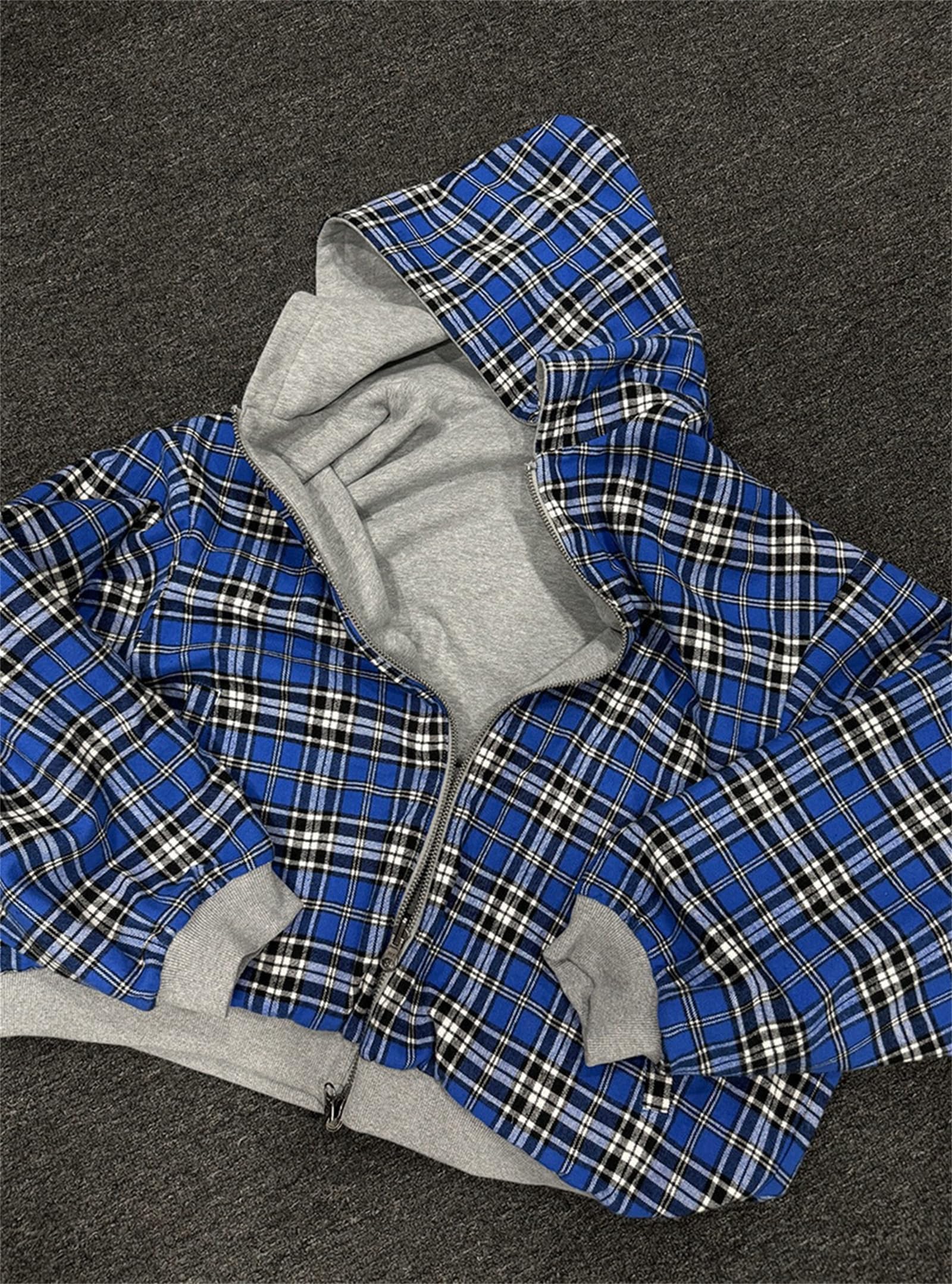 Generisch Oversize-dwustronna bluza z kapturem dla kobiet i mężczyzn, w kratkę, w stylu Streetwear-vintage, z zamkiem błyskawicznym i kapturem